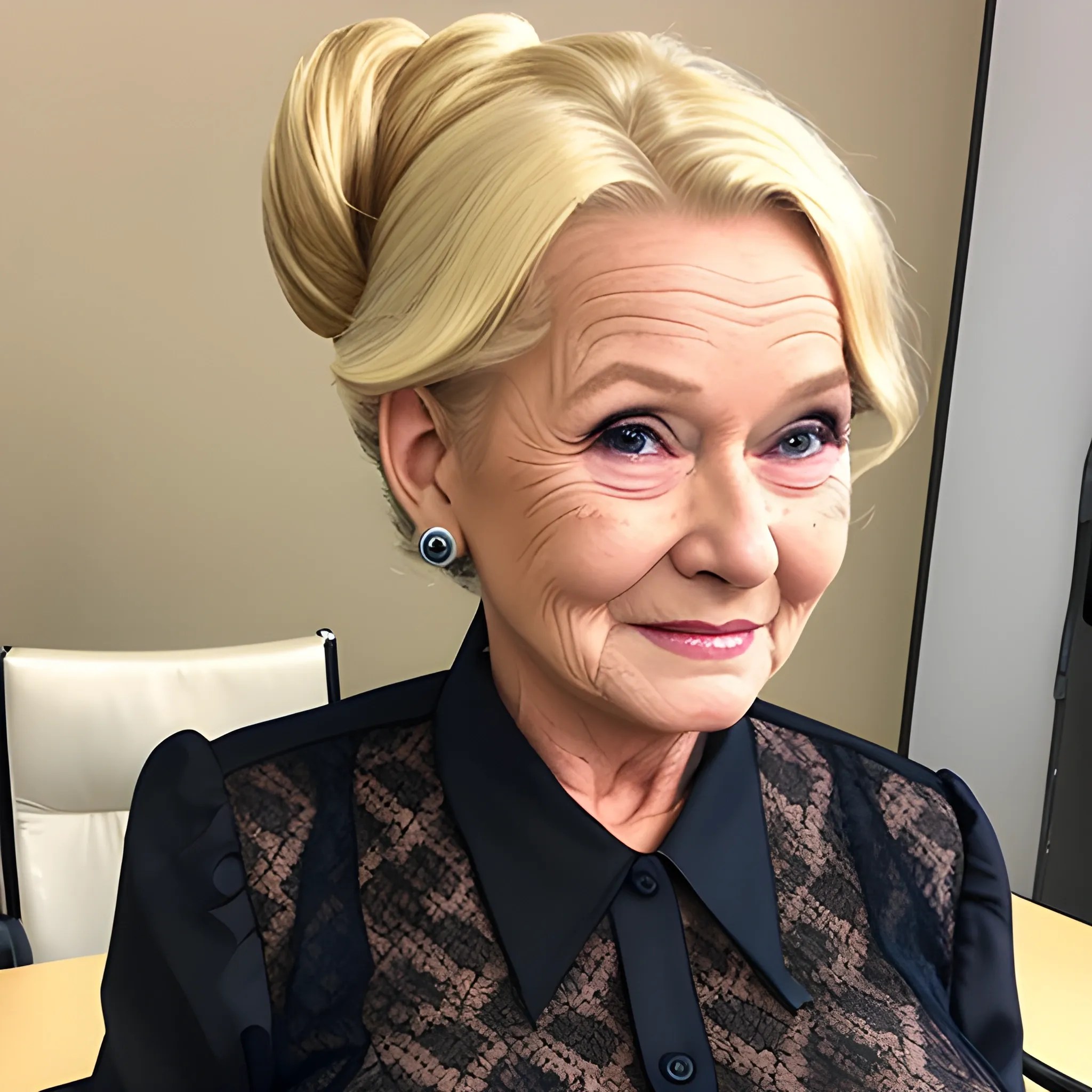 75 year old granny very busty blonde updo hair sexy office work, lace