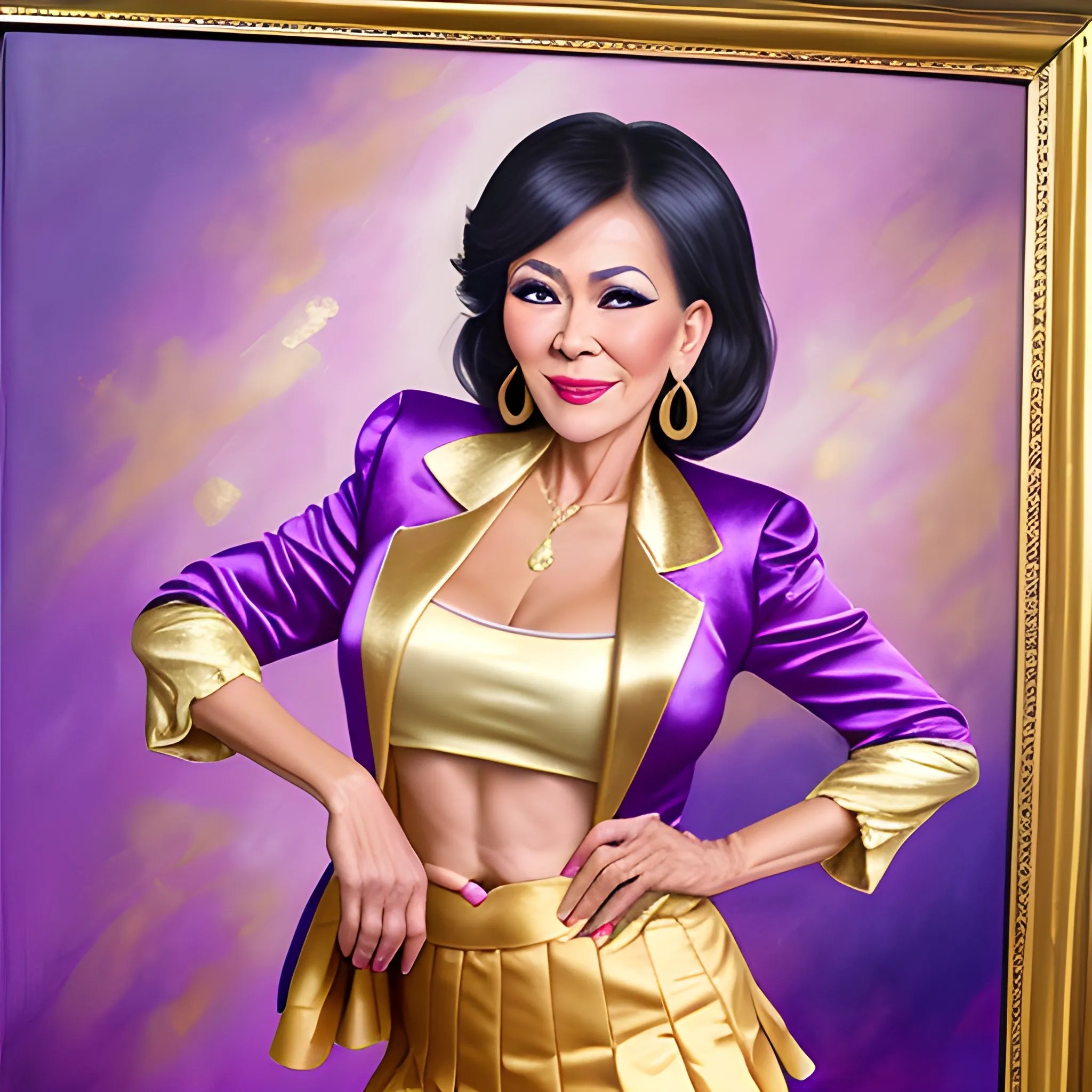 slim, beautiful mature filipino bimbo GILF with exaggerated makeup, in a gold/purple satin