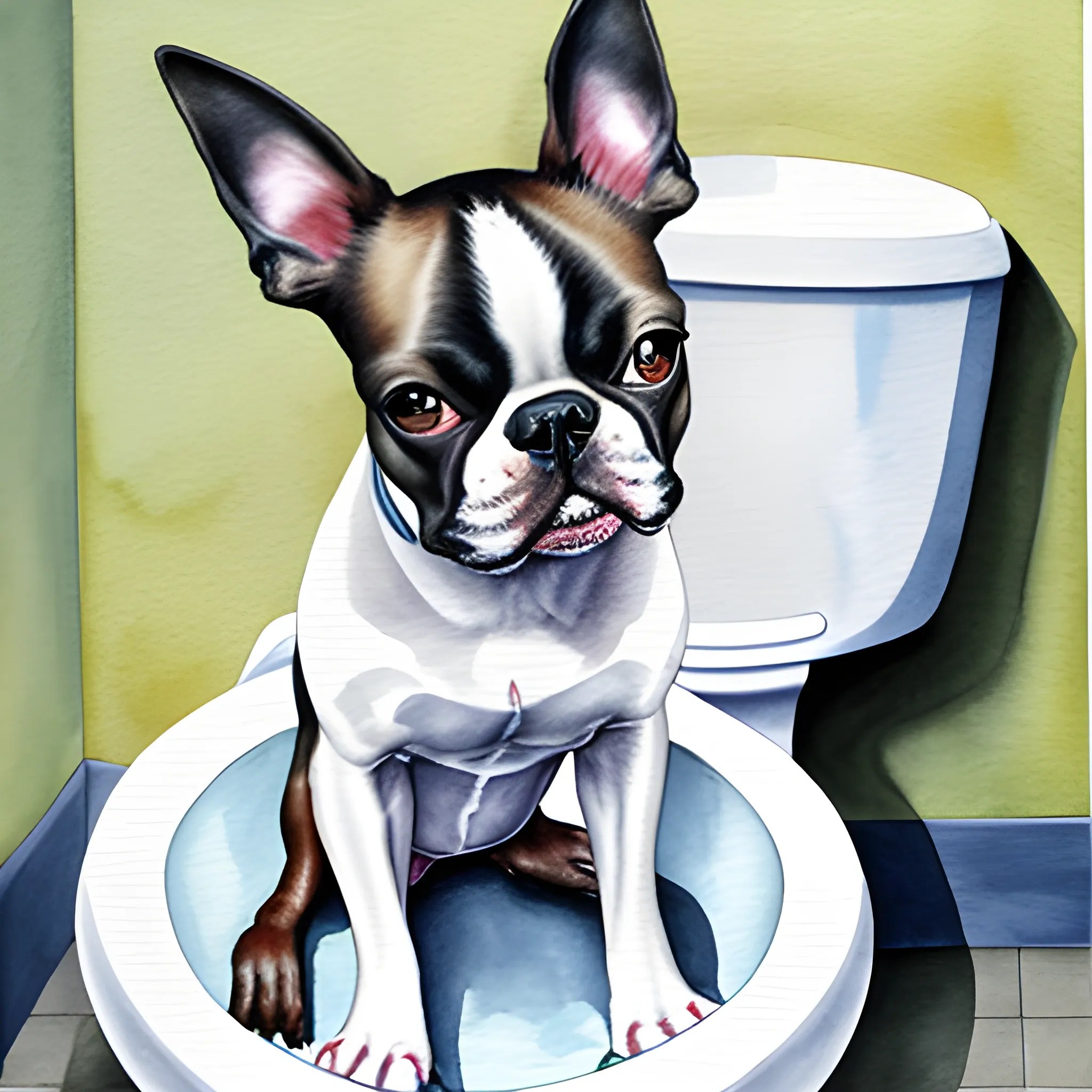 boston terrier sitting on toilet, Water Color Arthub.ai