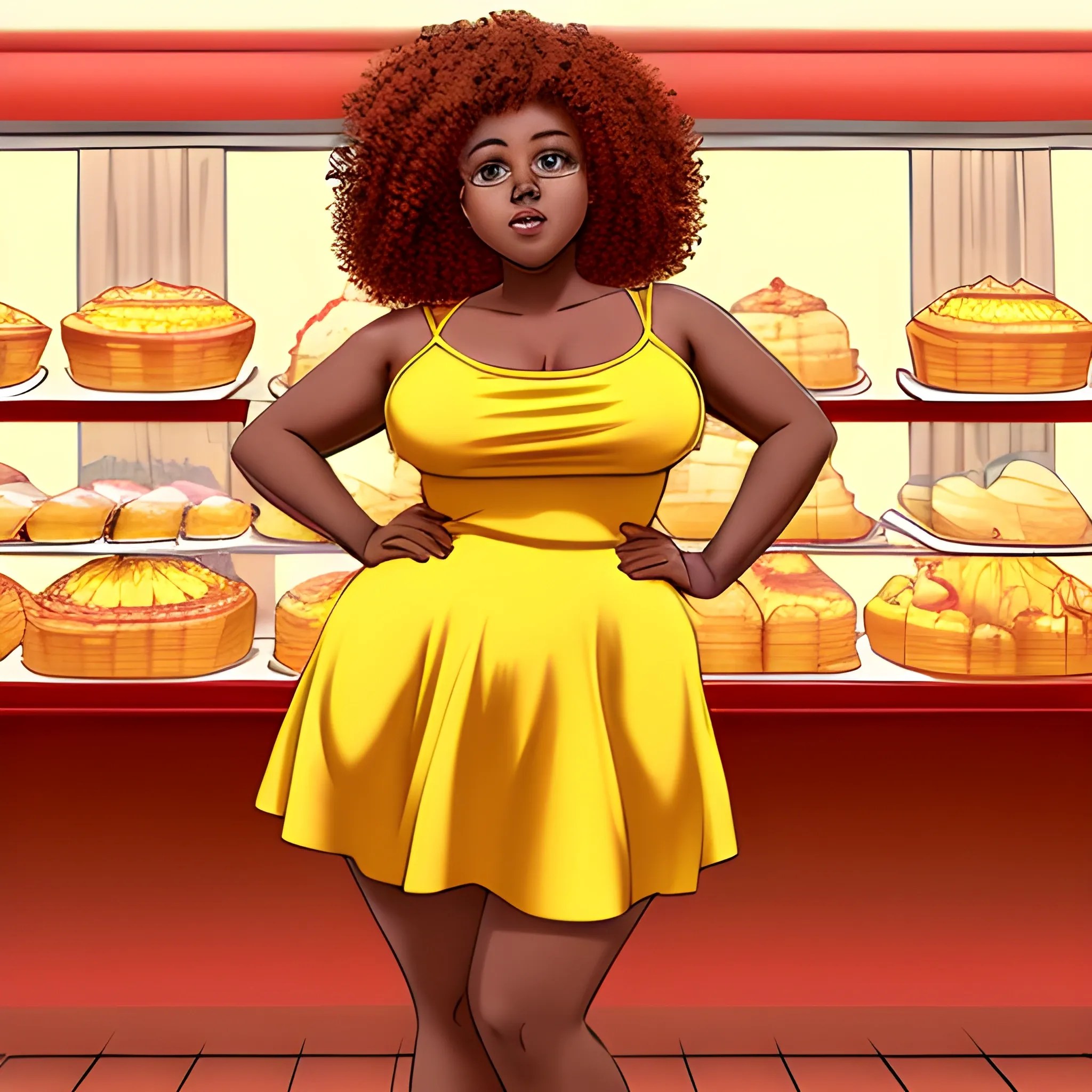 Create a full body image of a woman huge ass with thick thighs, chocolate skin in a yellow sun