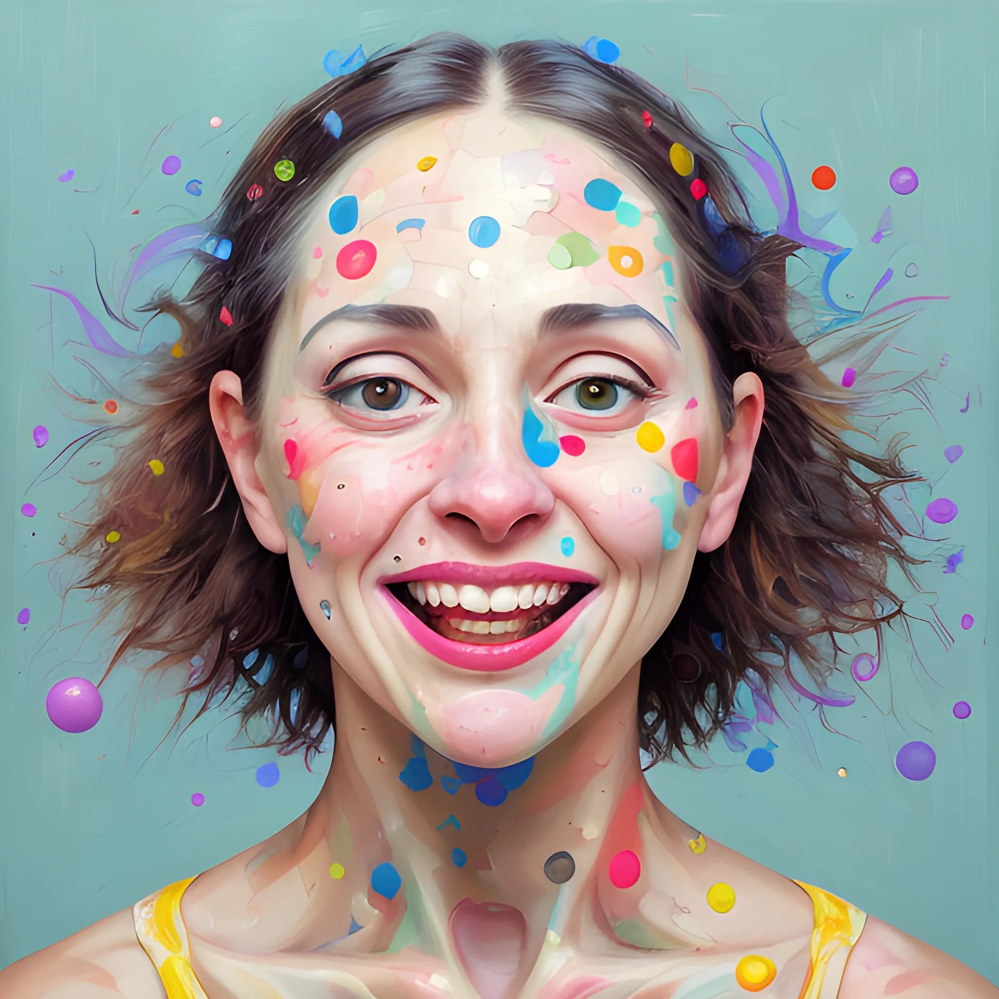 "Create a portrait of a woman with atypical, unconventional, joy