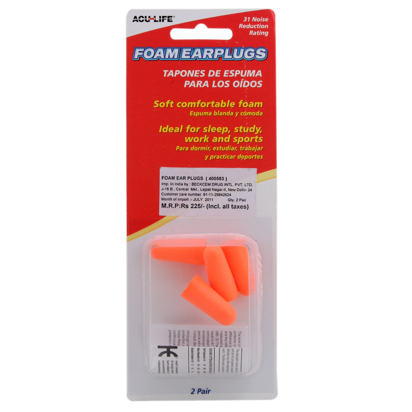 Acu Life Foam Ear Plugs (2 Pair) Universal online in India