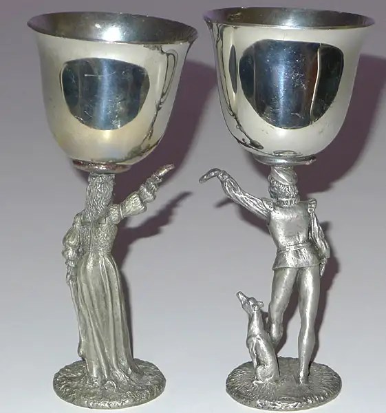 BOB MAURUS GALLO PEWTER 1988 ROMEO & JULIET FIGURE GOBLETS WINE GLASSES
