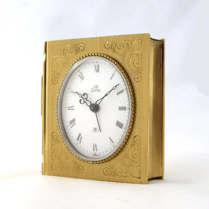 RARE VINTAGE SWIZA 8 DAYS DESK ALARM CLOCK Gilt Brass "Book of Hours