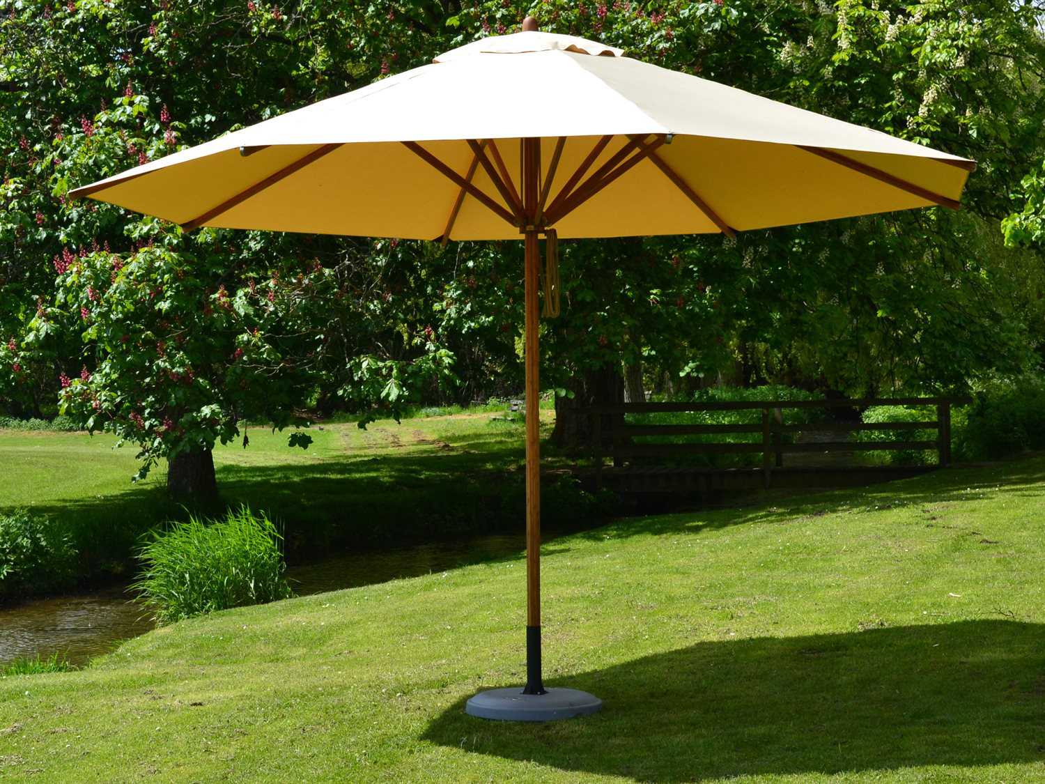 Wooden Patio Umbrella With Pulley Bambrella Levante Wood 11.5' Round Pulley Lift Umbrella 35RL