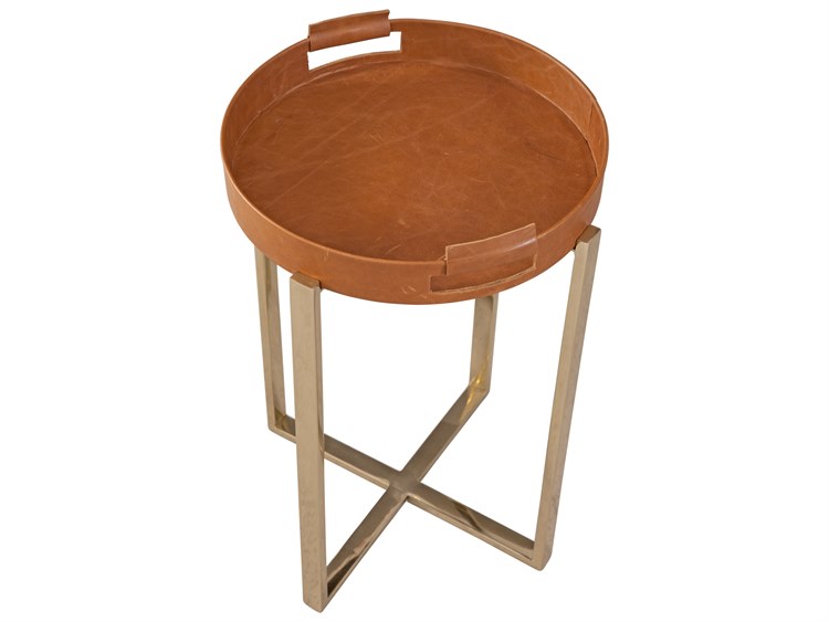 Bassett Mirror Navarro Round Rose Gold Brown Leather End Table