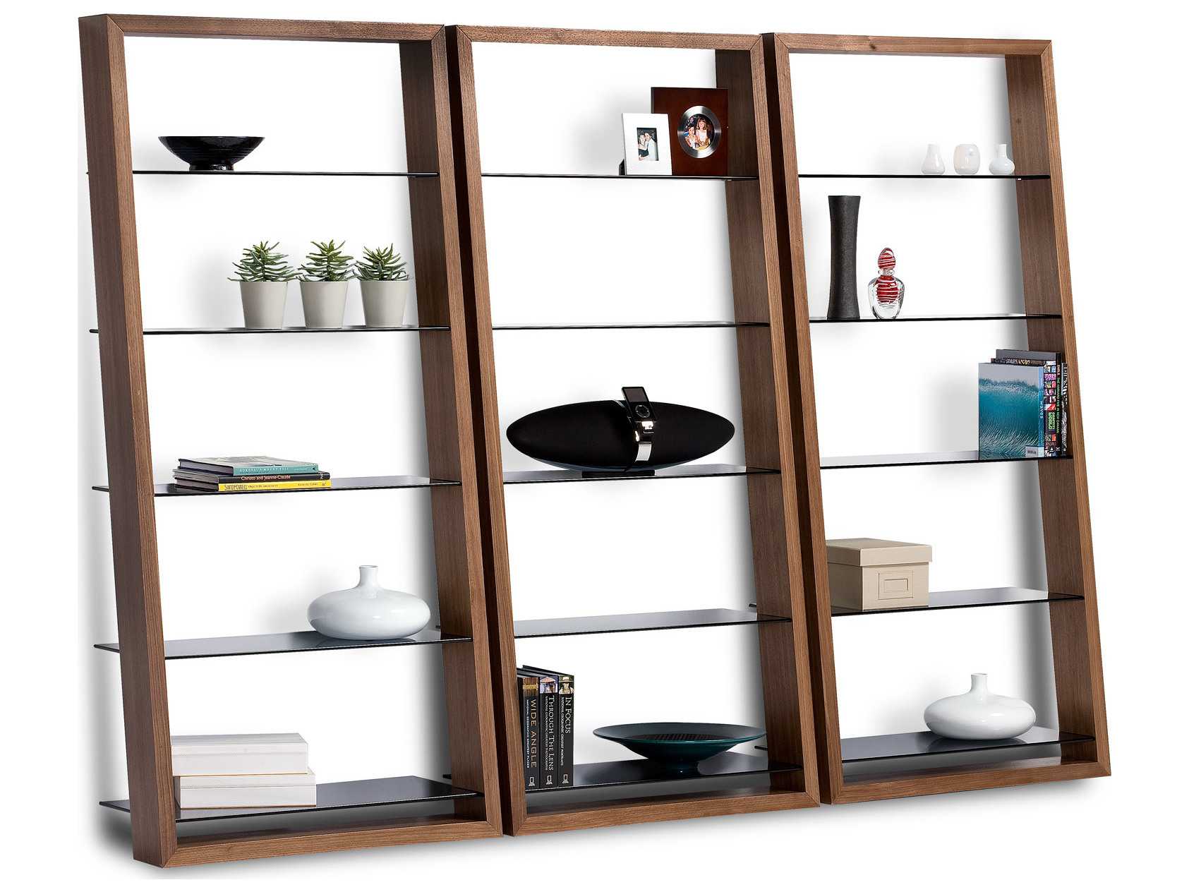 BDI Eileen 34''W x 74''H Natural Walnut Leaning Shelf Bookcase BDI5156WL