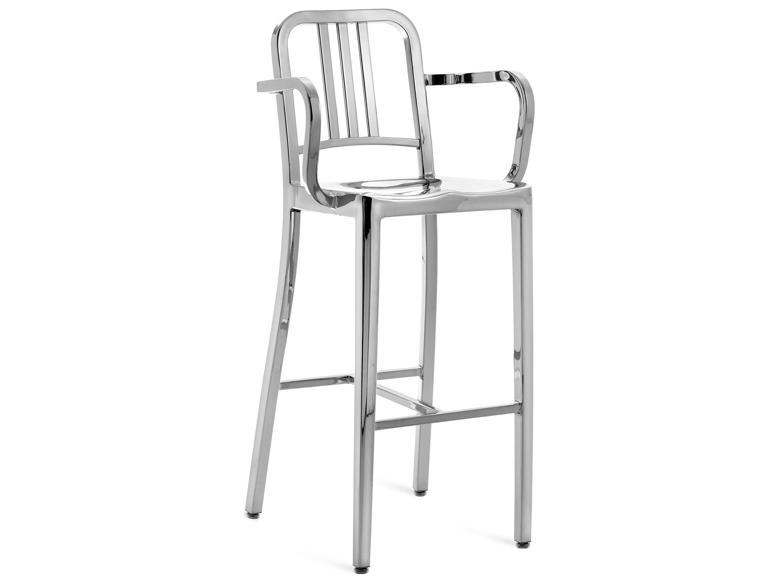 Emeco Outdoor Navy Polished Aluminum Bar Stool with Arms EMO100630AP