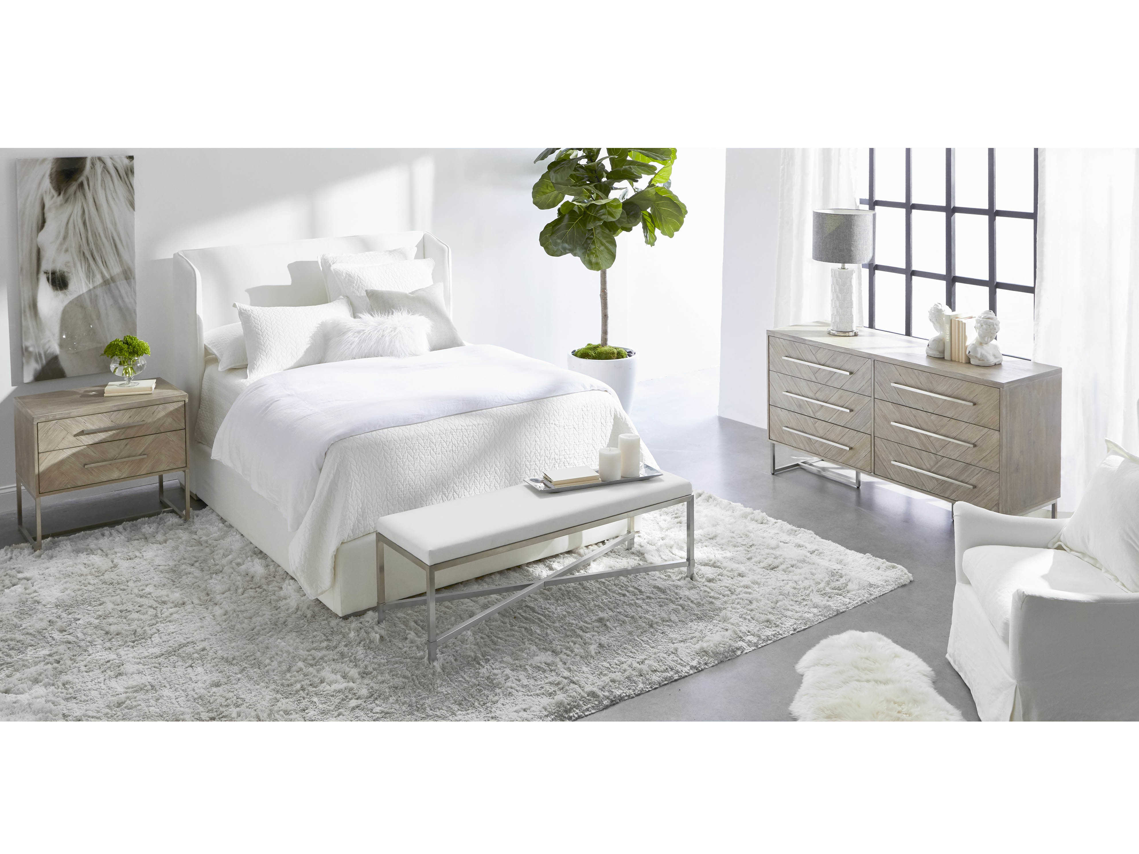 Essentials for Living Villa Stewart White Oak Wood Upholstered Queen