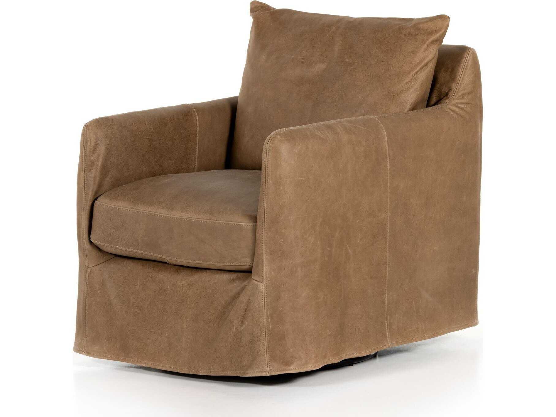 Four Hands Easton Banks Swivel Brown Leather Accent Chair FS106182091