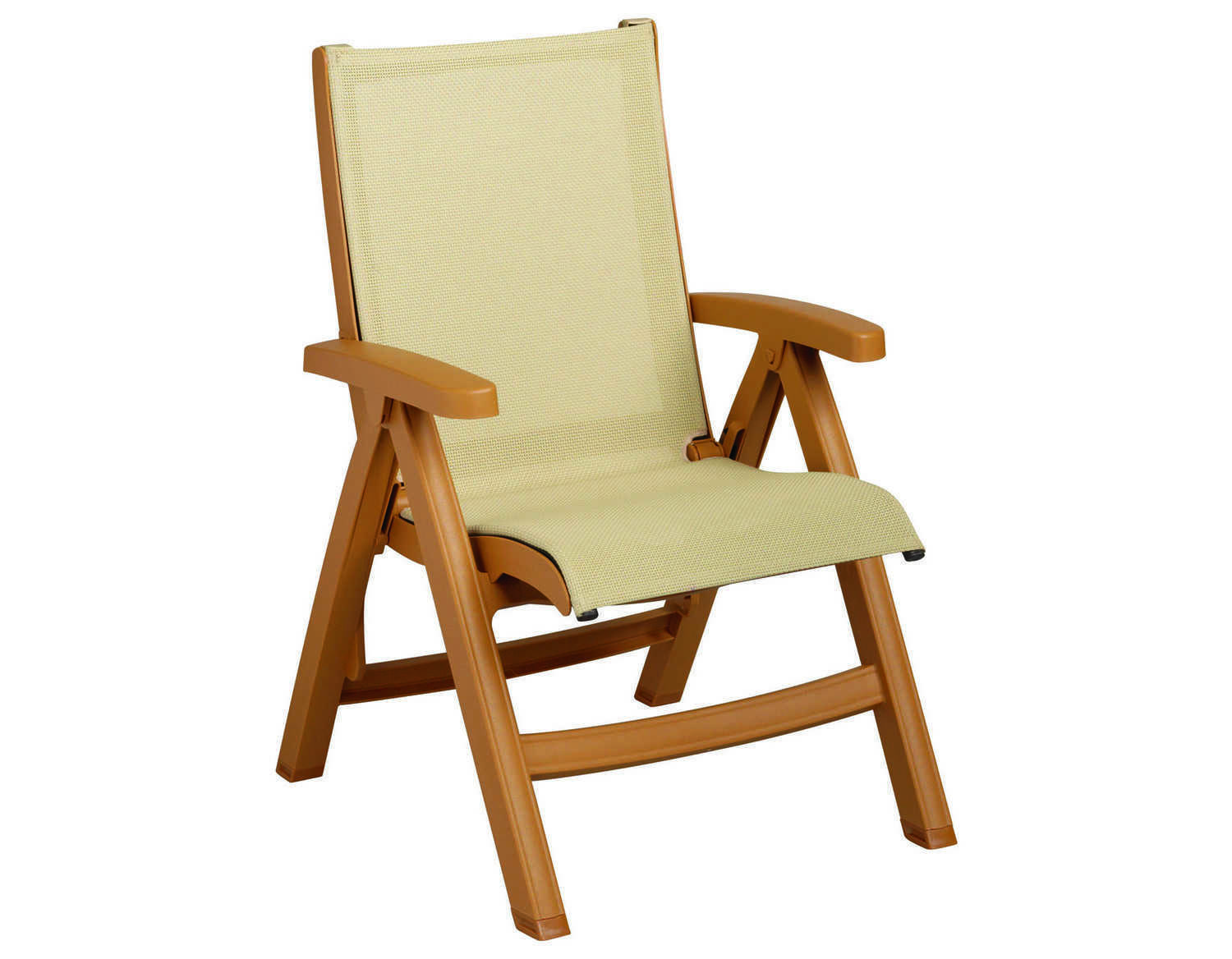 Grosfillex Belize Midback Resin Folding Sling Teakwood Lounge Chair