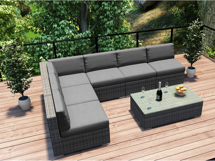 Harmonia Living District HDPE Wicker Textured Slate 7 Piece Sectional Lounge Set HLDISTS7SEC