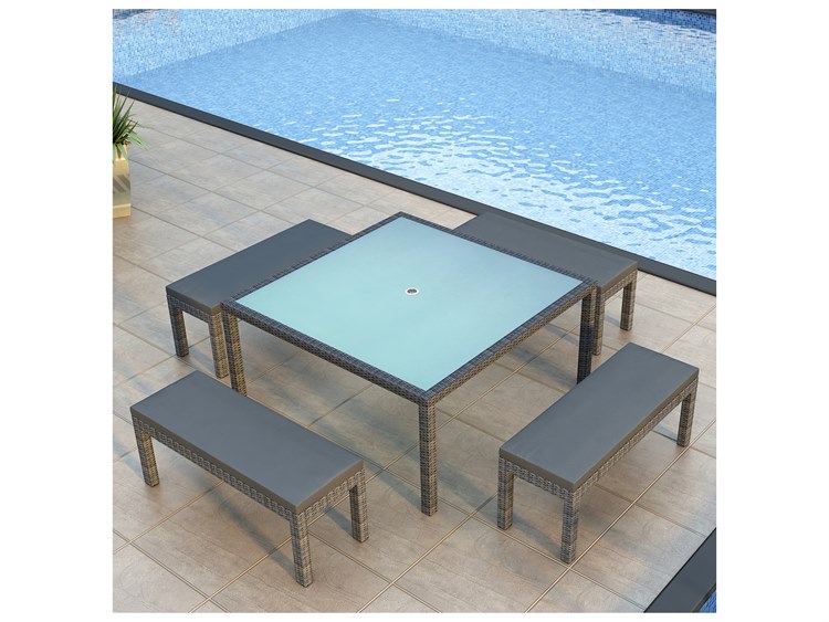 Harmonia Living District Wicker 5 Piece 8Seat Bench Square Dining Set