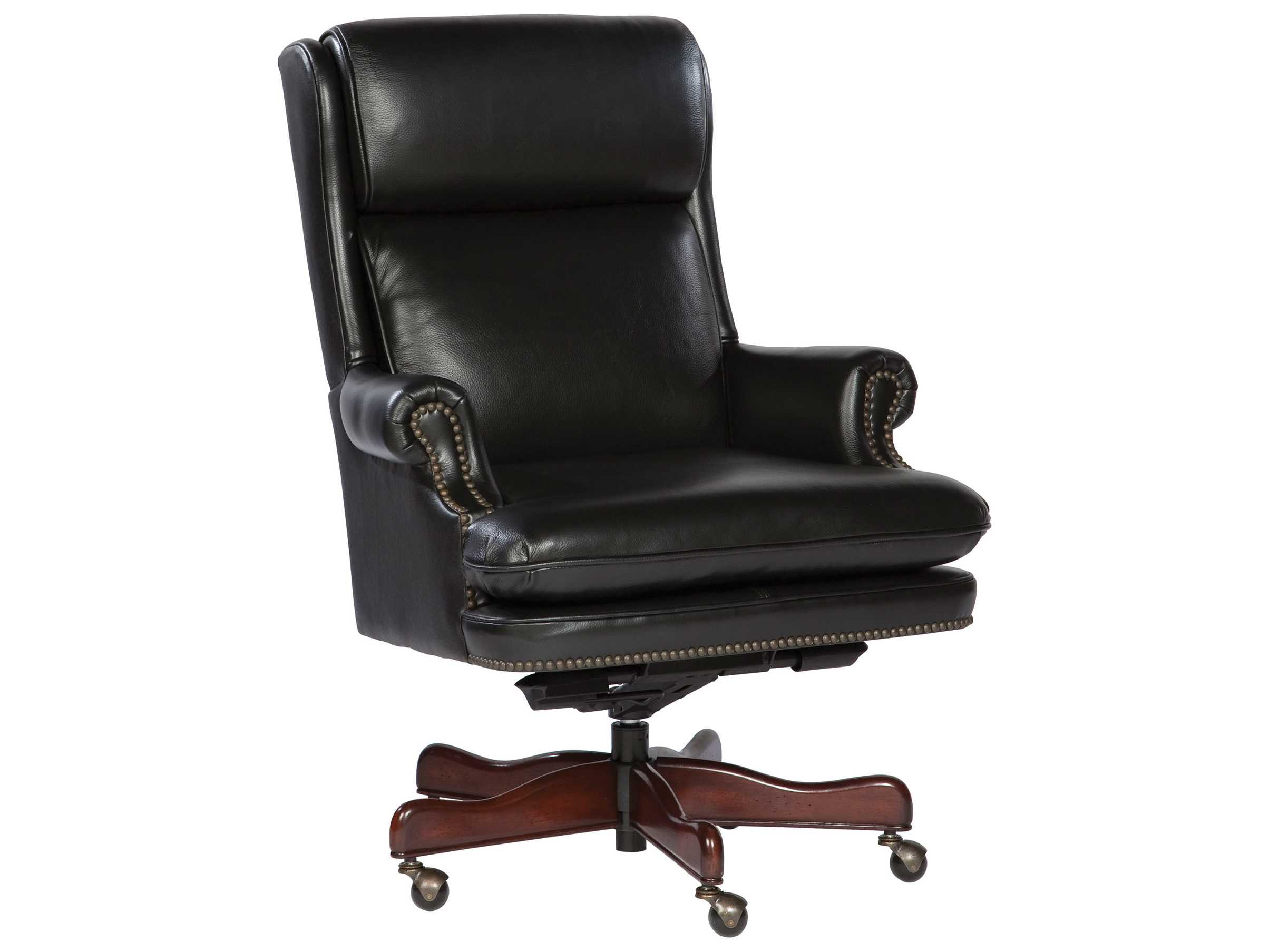 Hekman Office Executive Leather Chair with Brass Nailhead Trim in Black