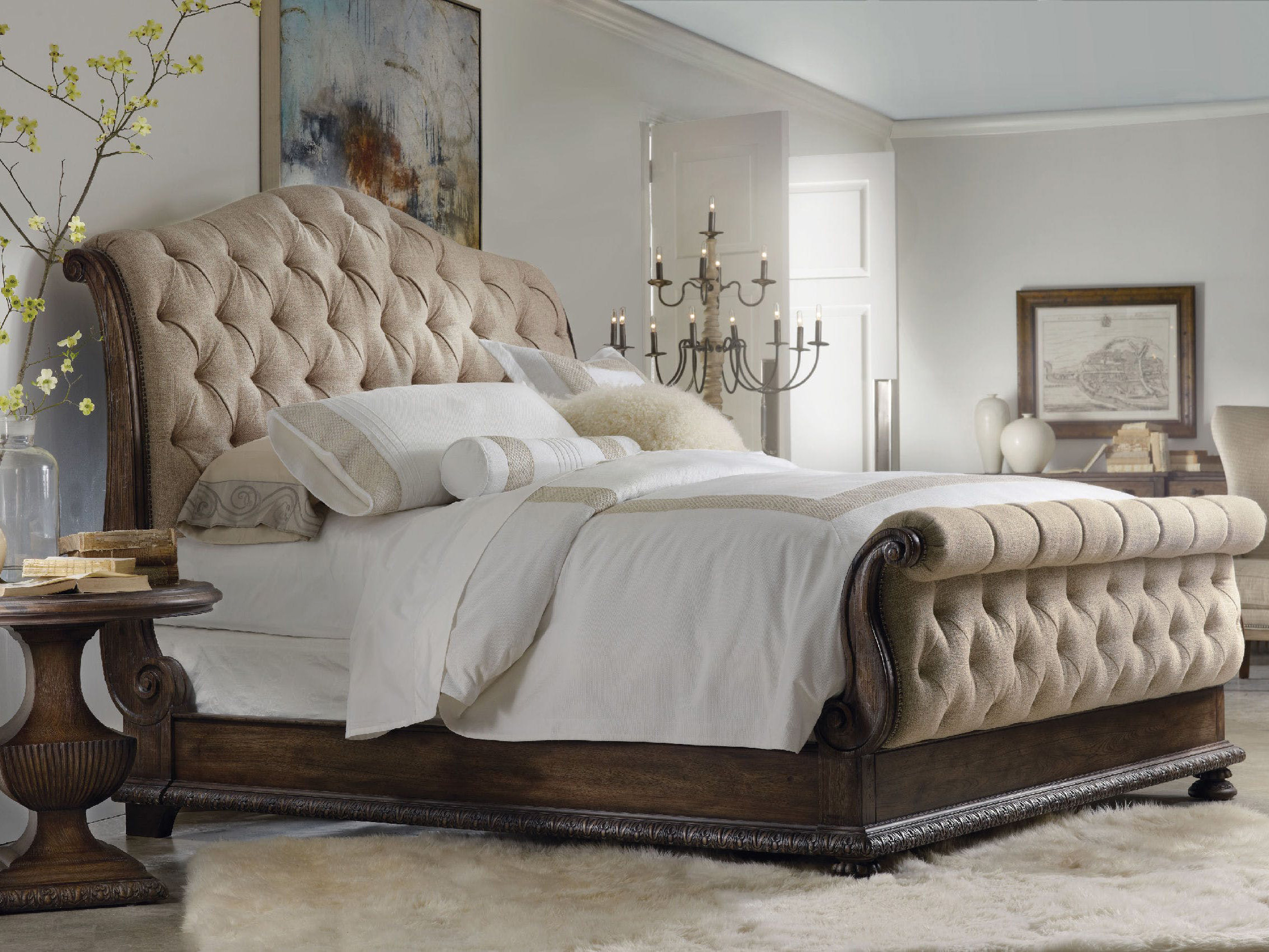 Hooker Furniture Rhapsody Rustic Walnut Queen Size Tufted Sleigh Bed