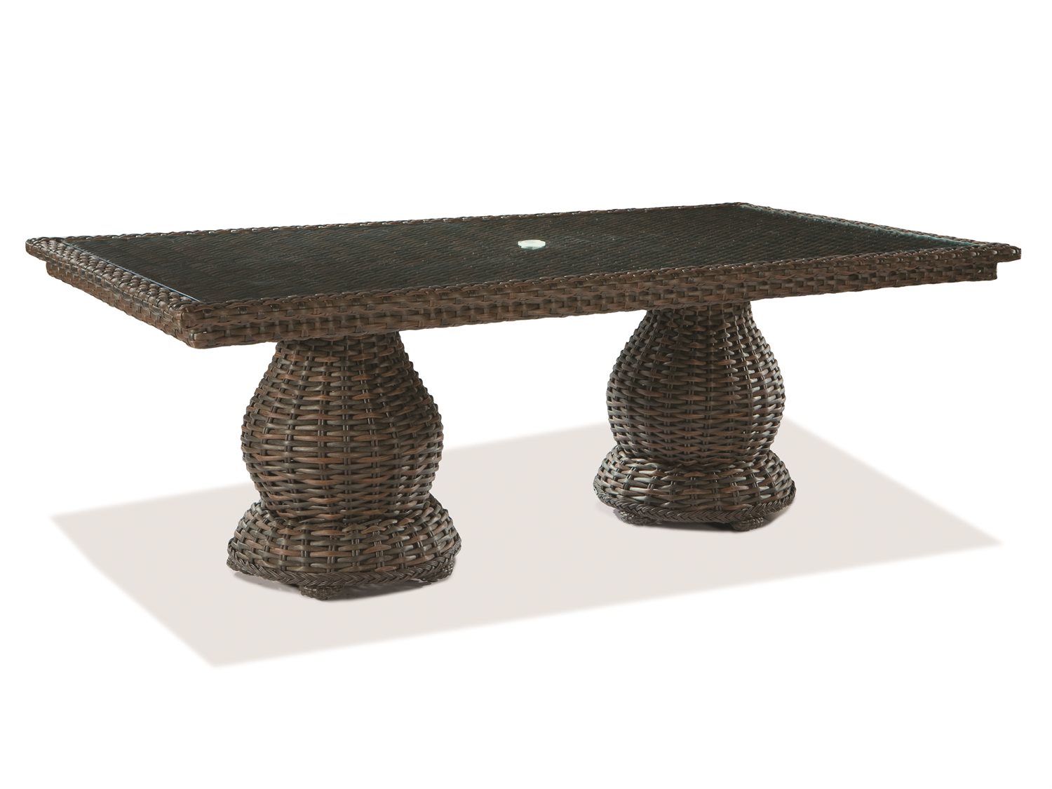 Lane Venture South Hampton Wicker Rectangular Glass Top Double Pedestal Outdoor Dining Table