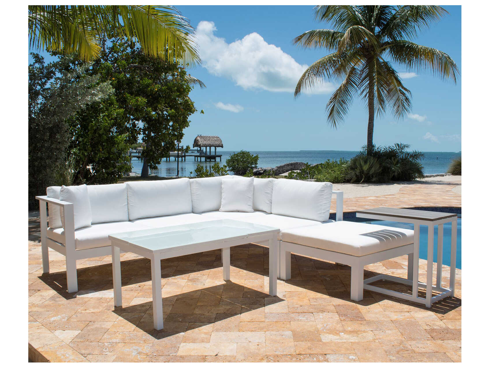 Panama Jack Outdoor Sancastle White Aluminum Cushion 5 Piece Sectional