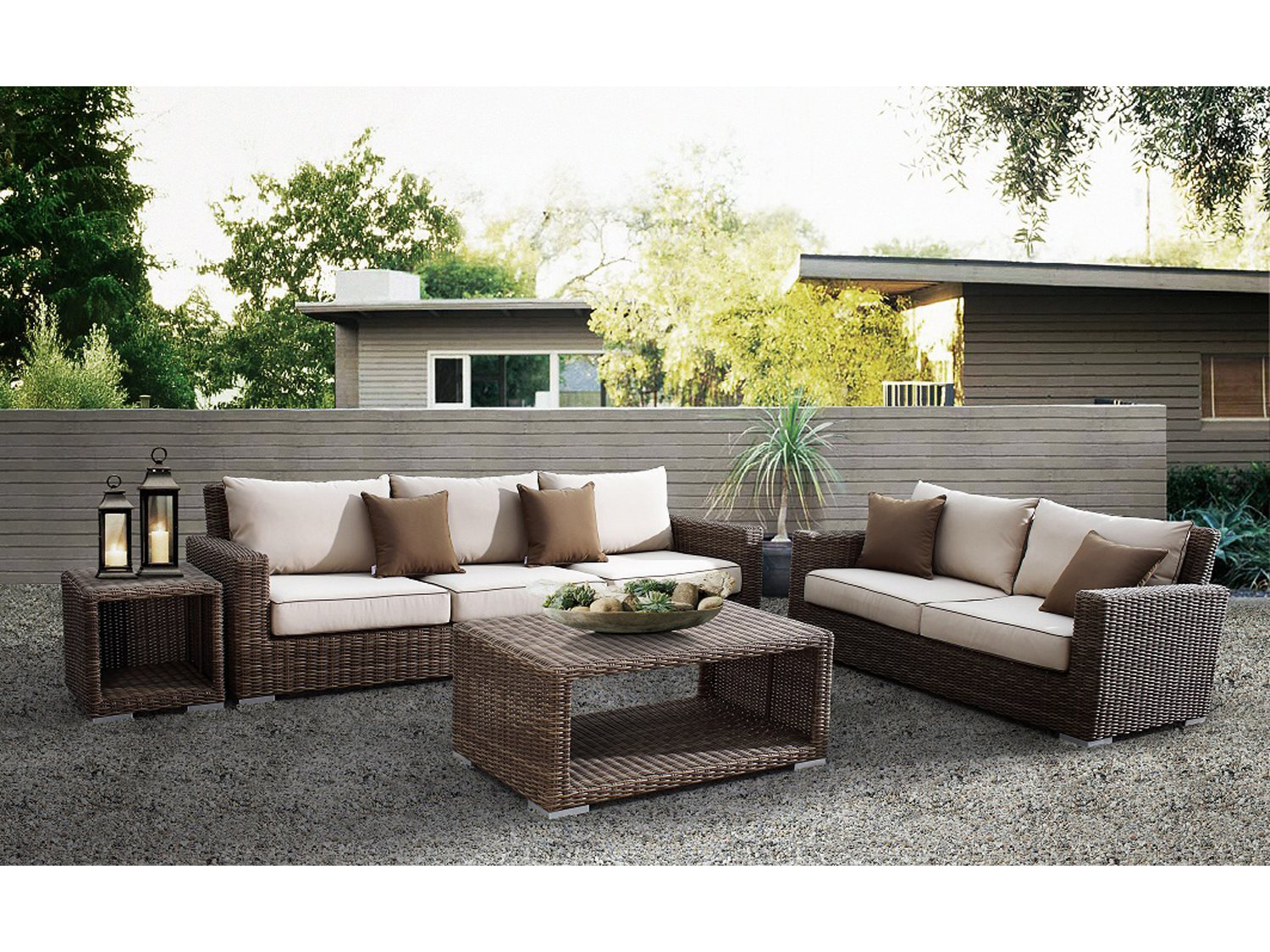 Sunset West Coronado Patio Furniture Sunset West Coronado Wicker Driftwood Lounge Set in Canvas Flax with