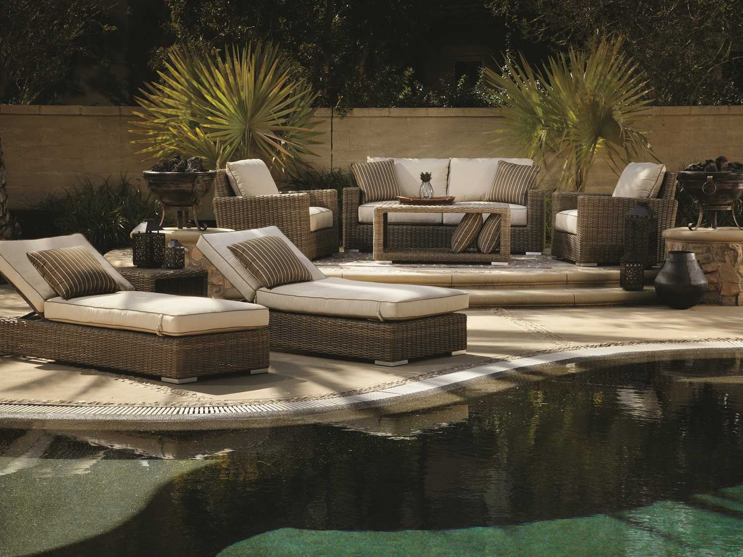 Sunset West Coronado Patio Furniture Sunset West Coronado Wicker Driftwood Lounge Set in Canvas Flax with
