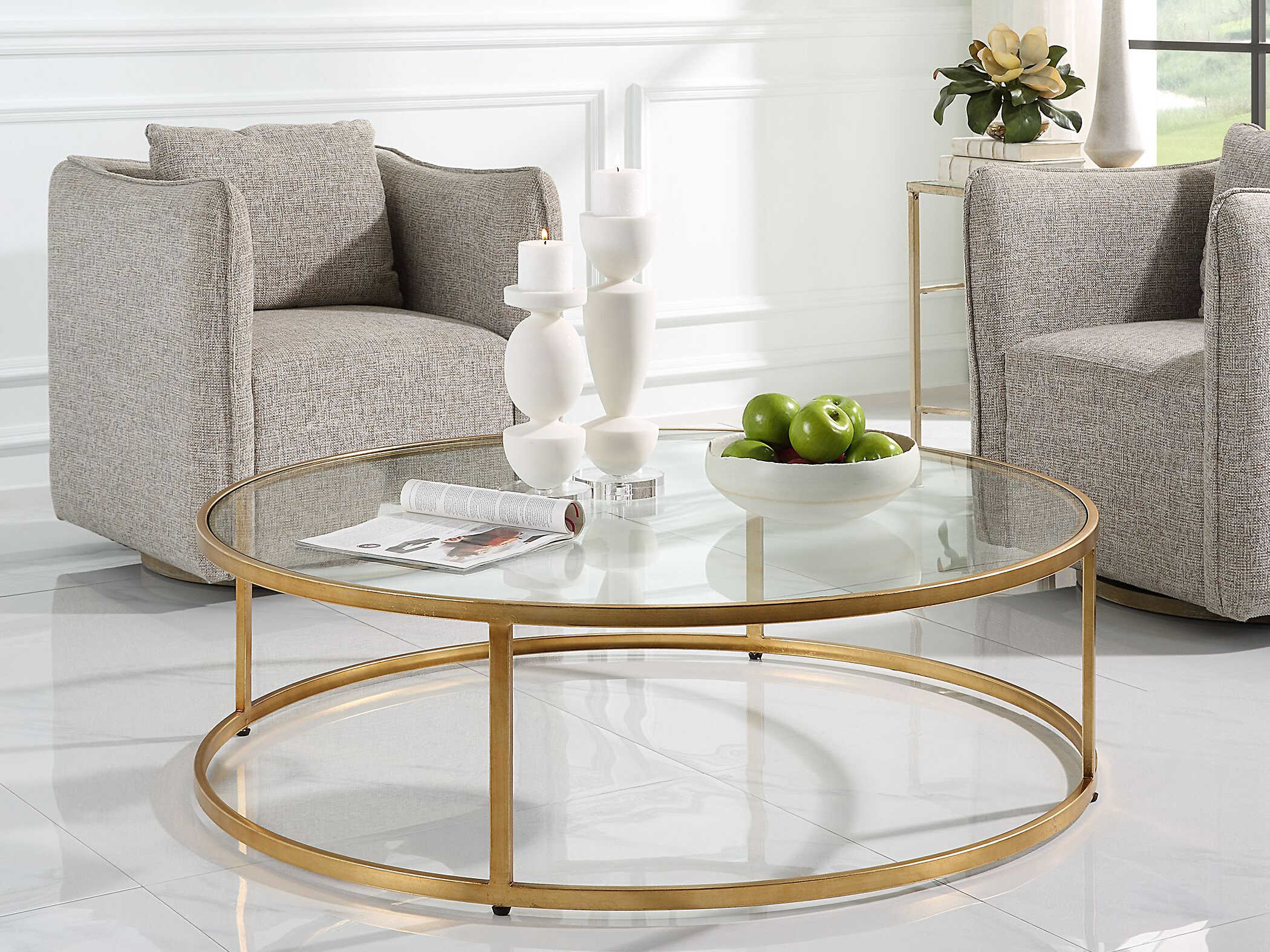 Uttermost Radius 48" Round Glass Antique Gold Coffee Table UT22971