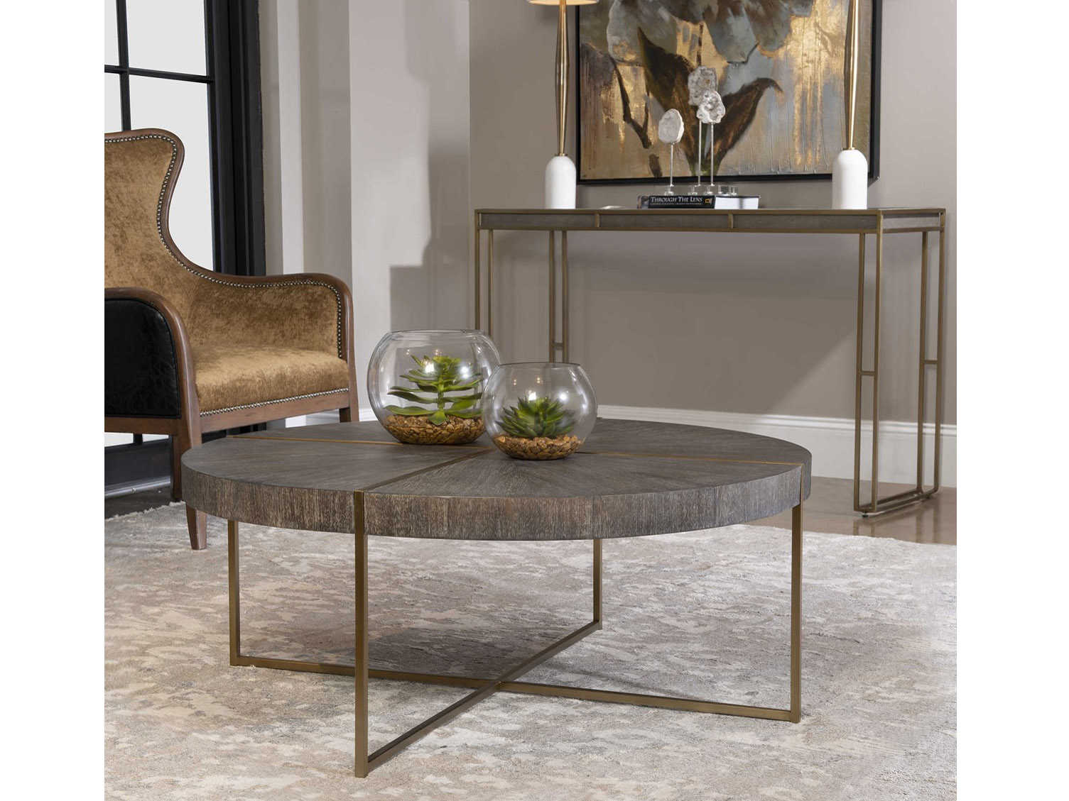Uttermost Taja Light Gray / Brushed Brass 42'' Wide Round Coffee Table UT25378