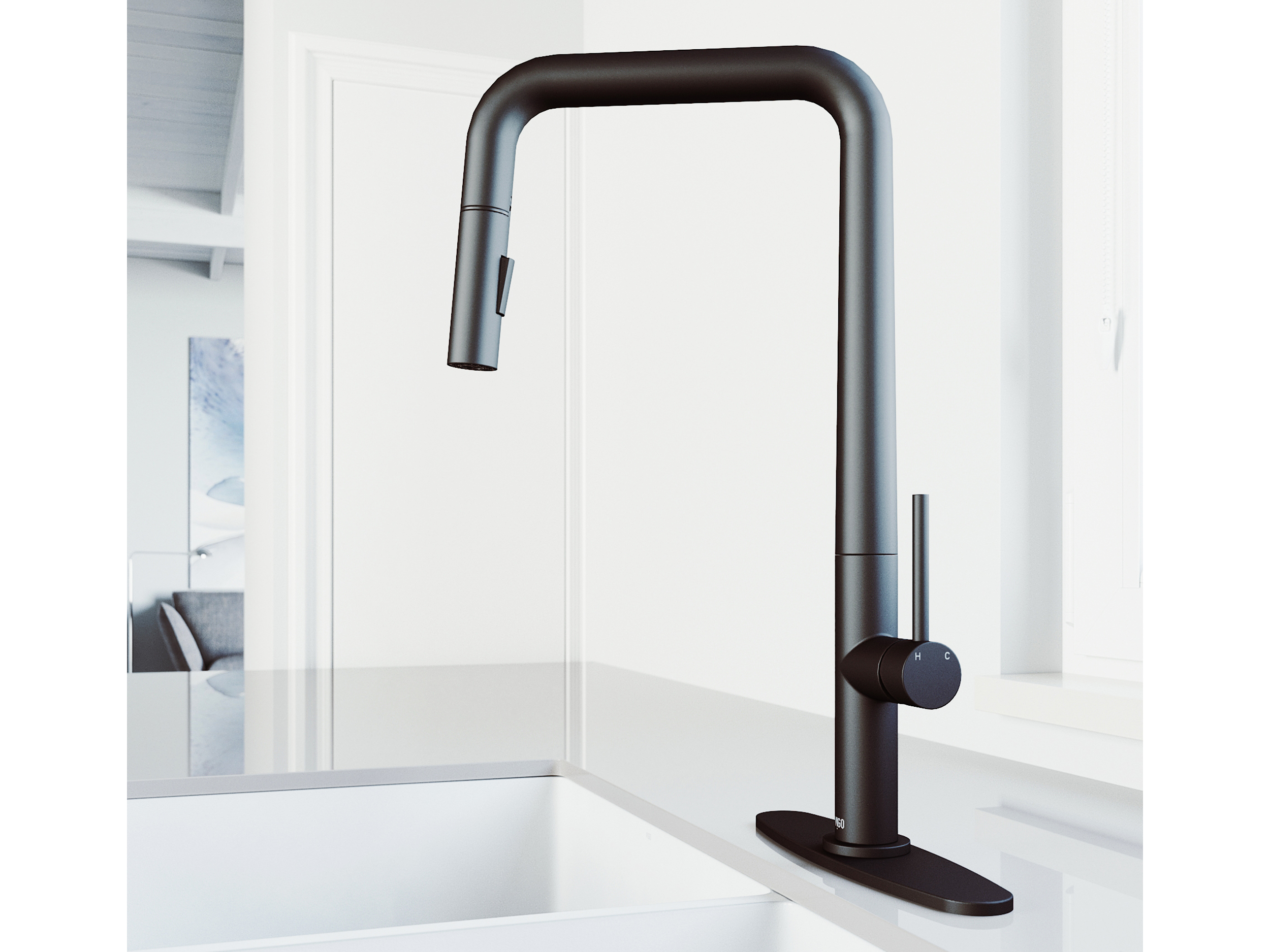 Vigo Parsons Matte Black PullDown Kitchen Faucet with Deck Plate VIVG02031MBK1