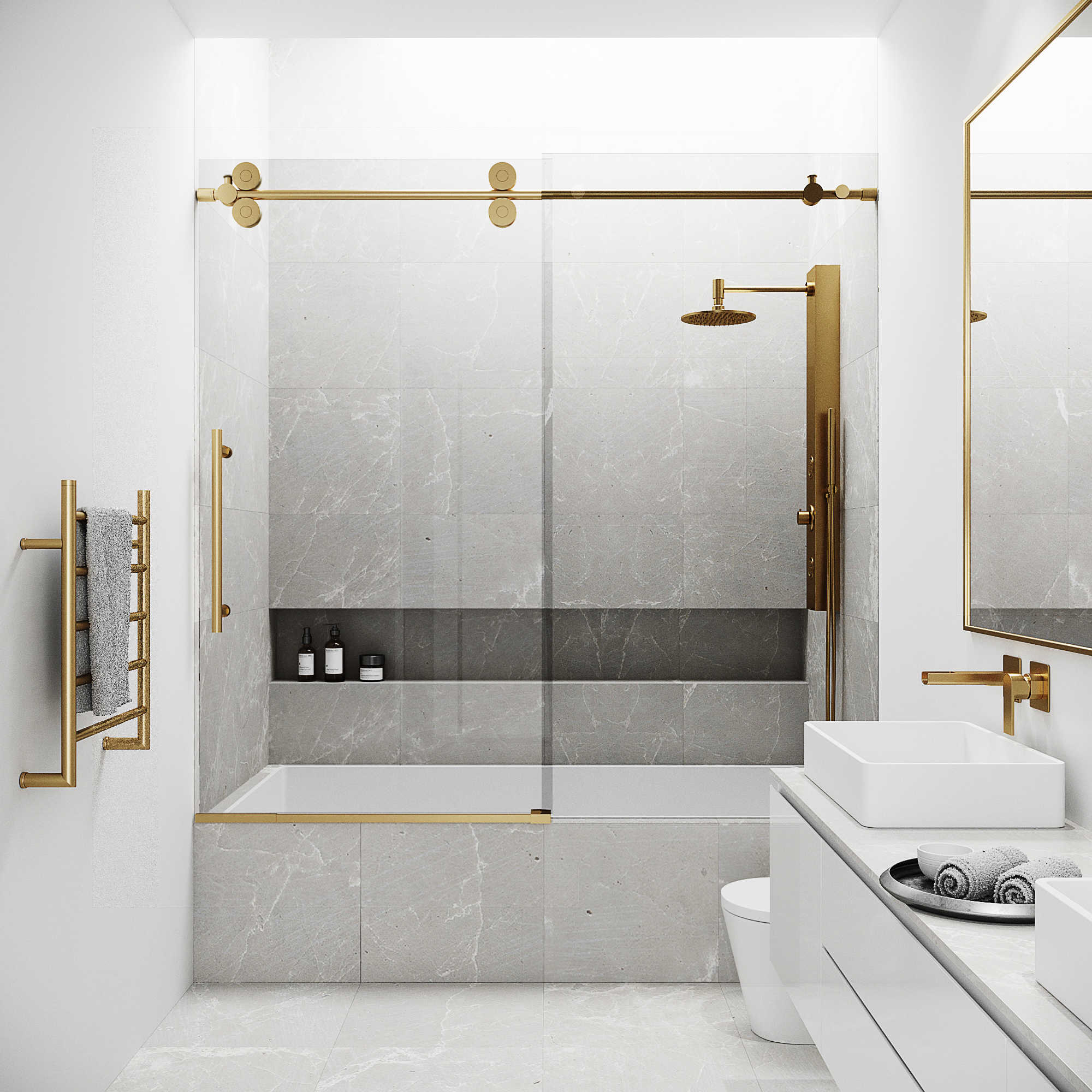 Vigo Elan Matte Gold 60'' Wide Clear Glass Frameless Sliding Tub Door
