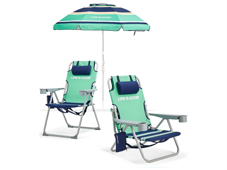 Life is Good Back Pack Aluminum Silver Beach Chair in Green Sun