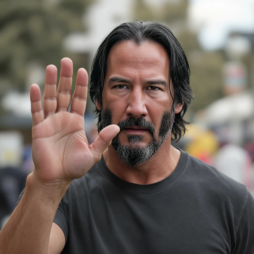 Keanu Reeves Raising His Hand Up Realistic Style No Text Image Ai