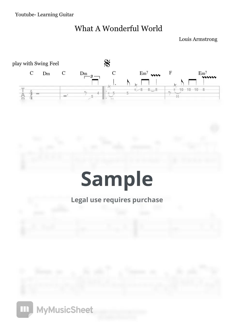 Louis Armstrong What A Wonderful World (Melody TAB) 악보 by Learning Guitar