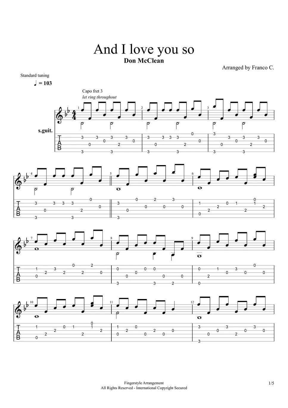 Don McClean And I Love You So (Fingerstyle) TAB by Franco C.