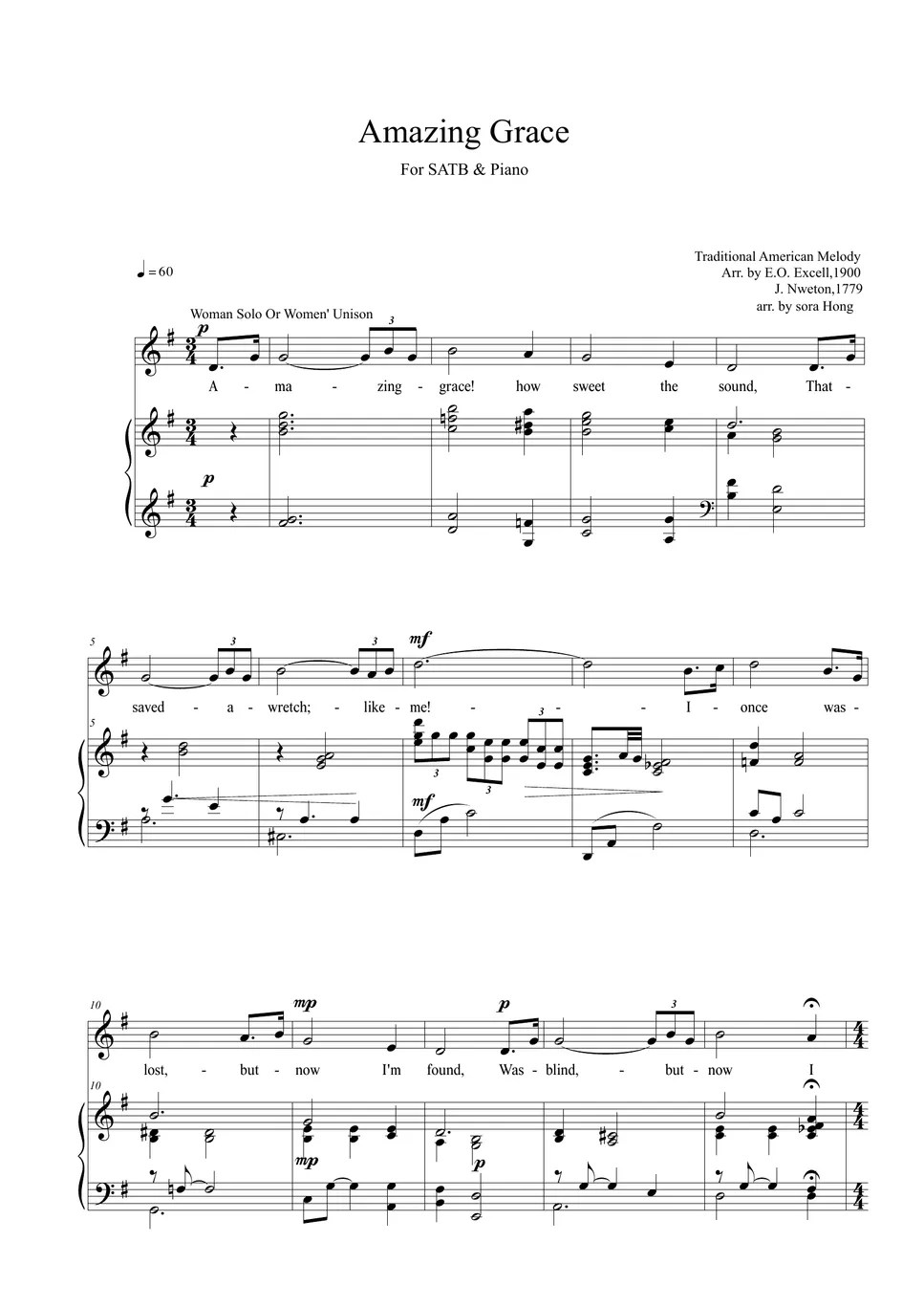 찬송가305장 Amazing Grace(나 같은 죄인 살리신) (4부합창,피아노) Лист by sora Hong