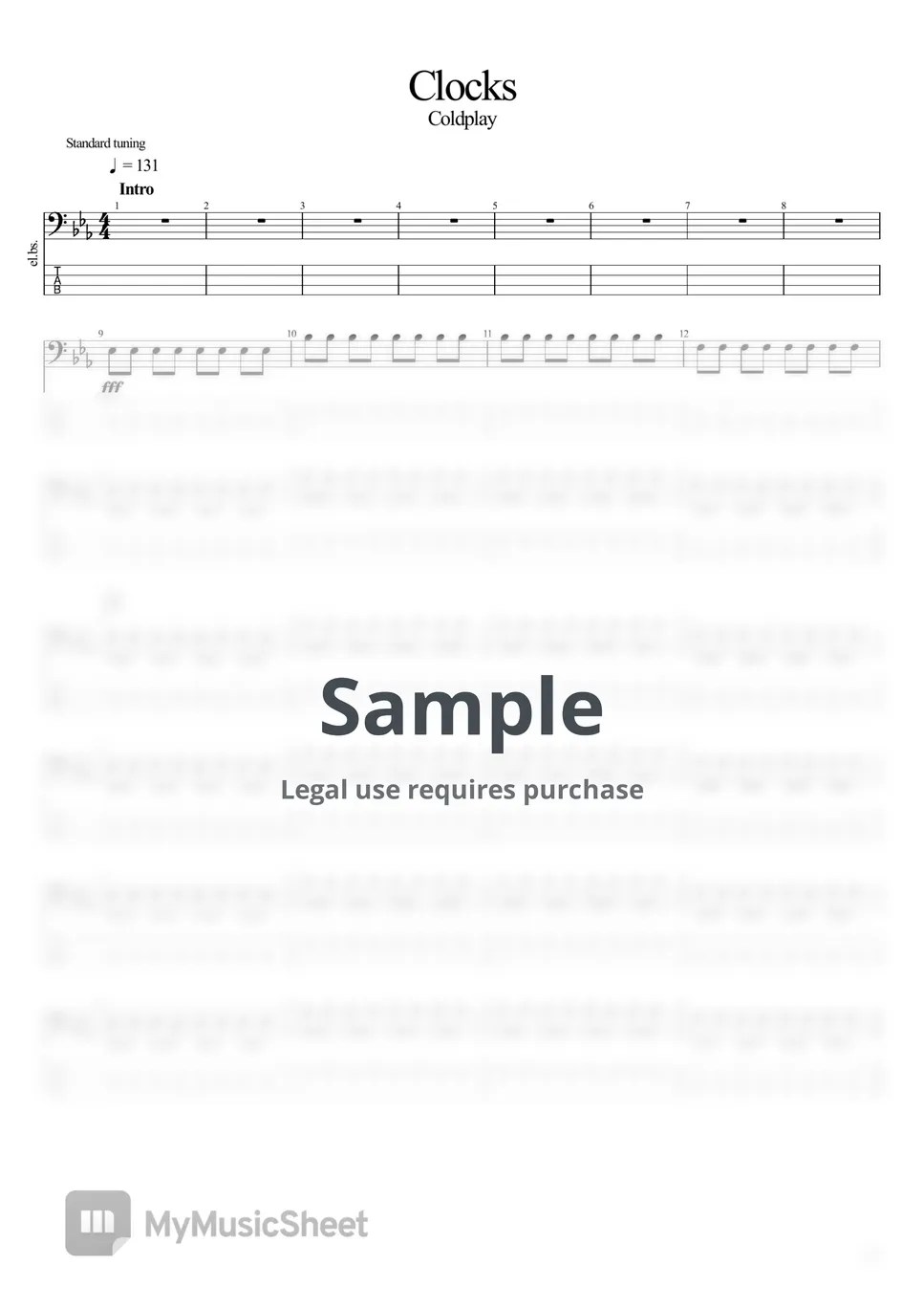 Coldplay Clocks (베이스 악보 / 타브 포함) Tab + 1staff by BassBlur