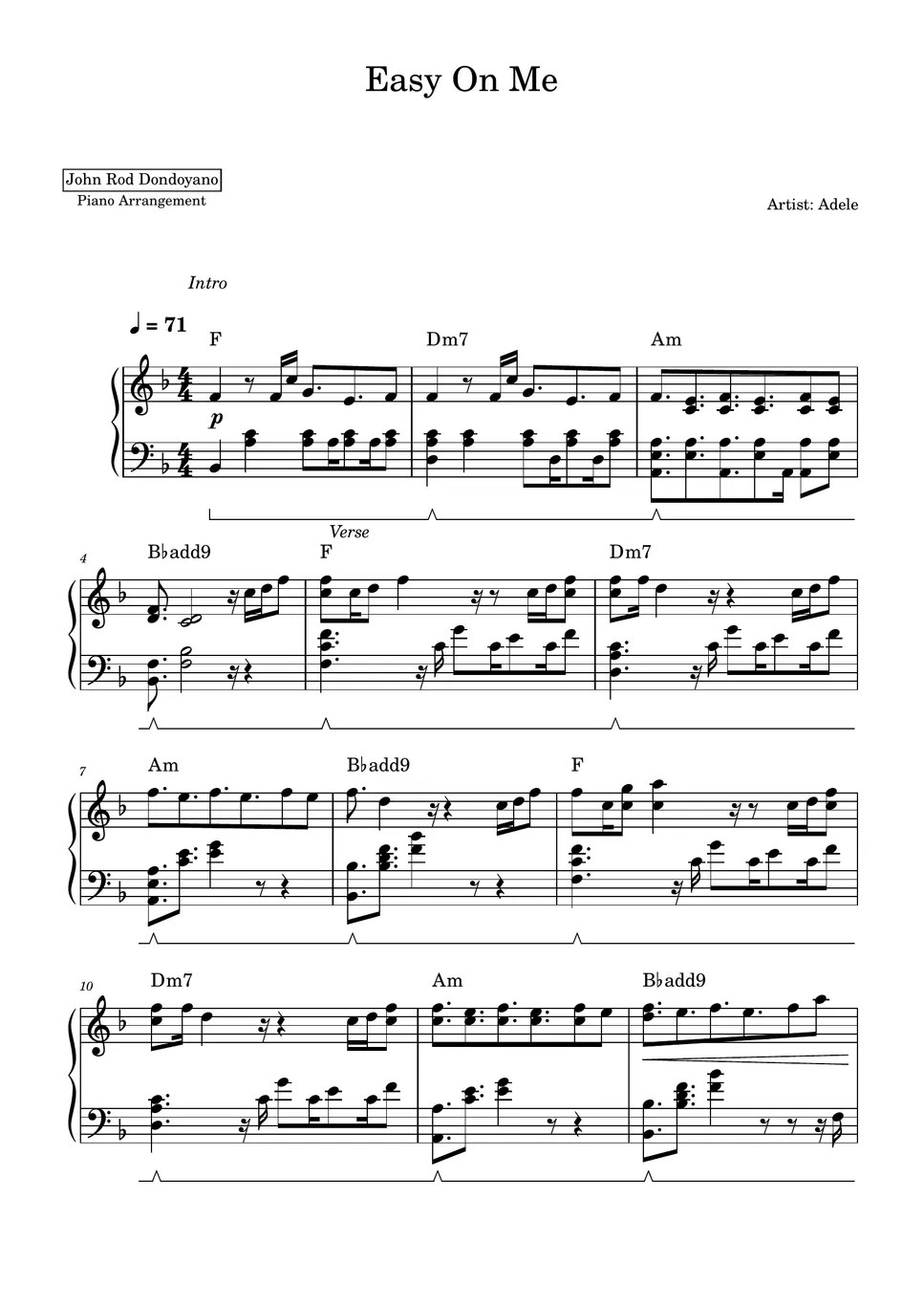 Adele Easy On Me (PIANO SHEET) Lembar Musik by John Rod Dondoyano