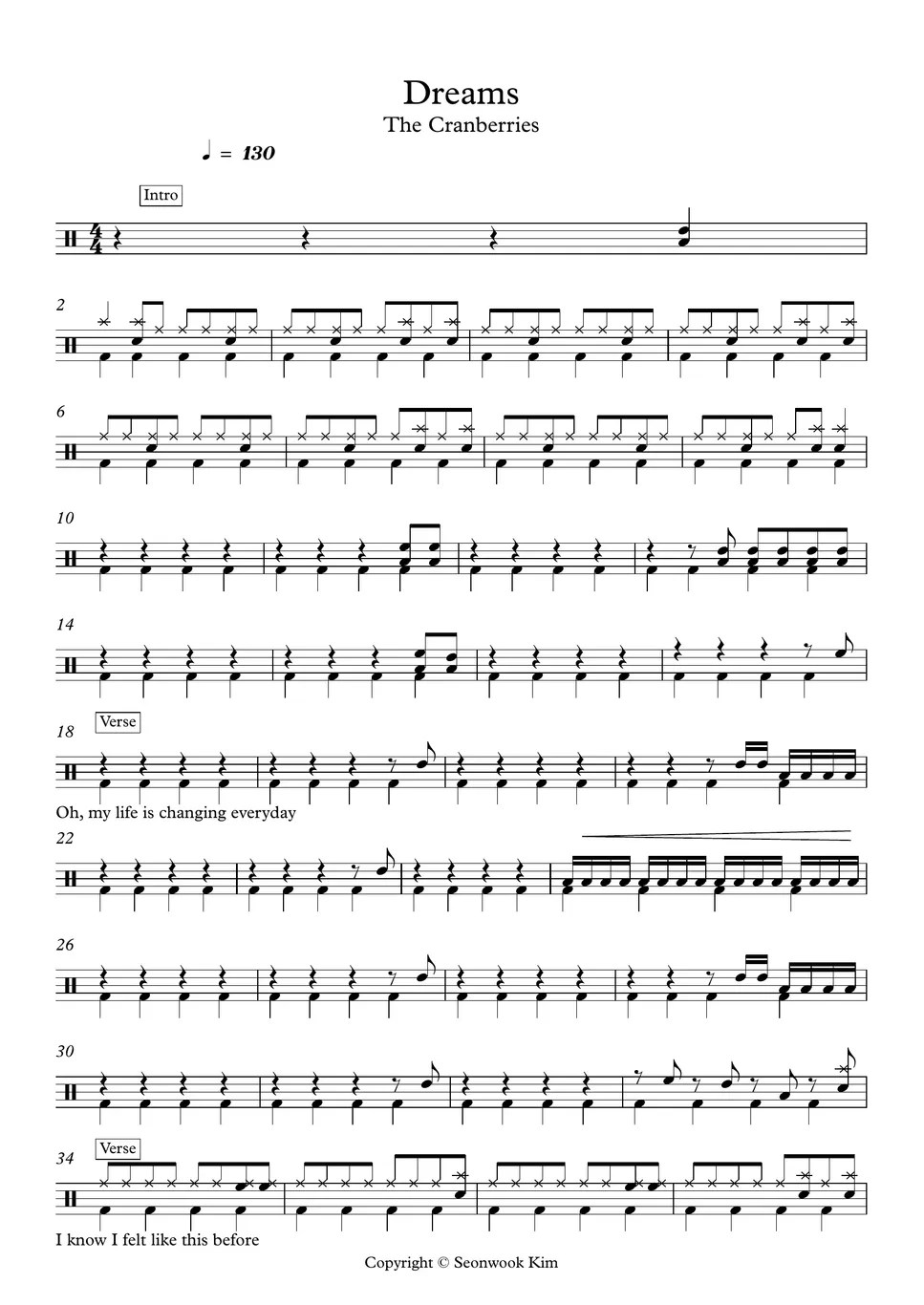 The Cranberries Dreams (드럼악보) 악보 by Seonwook Kim