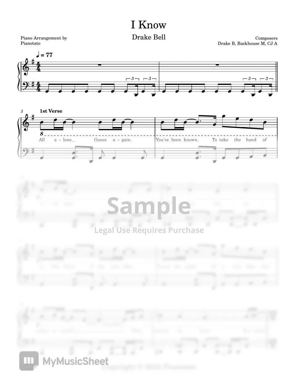 Drake Bell I Know Sheets by Pianotato