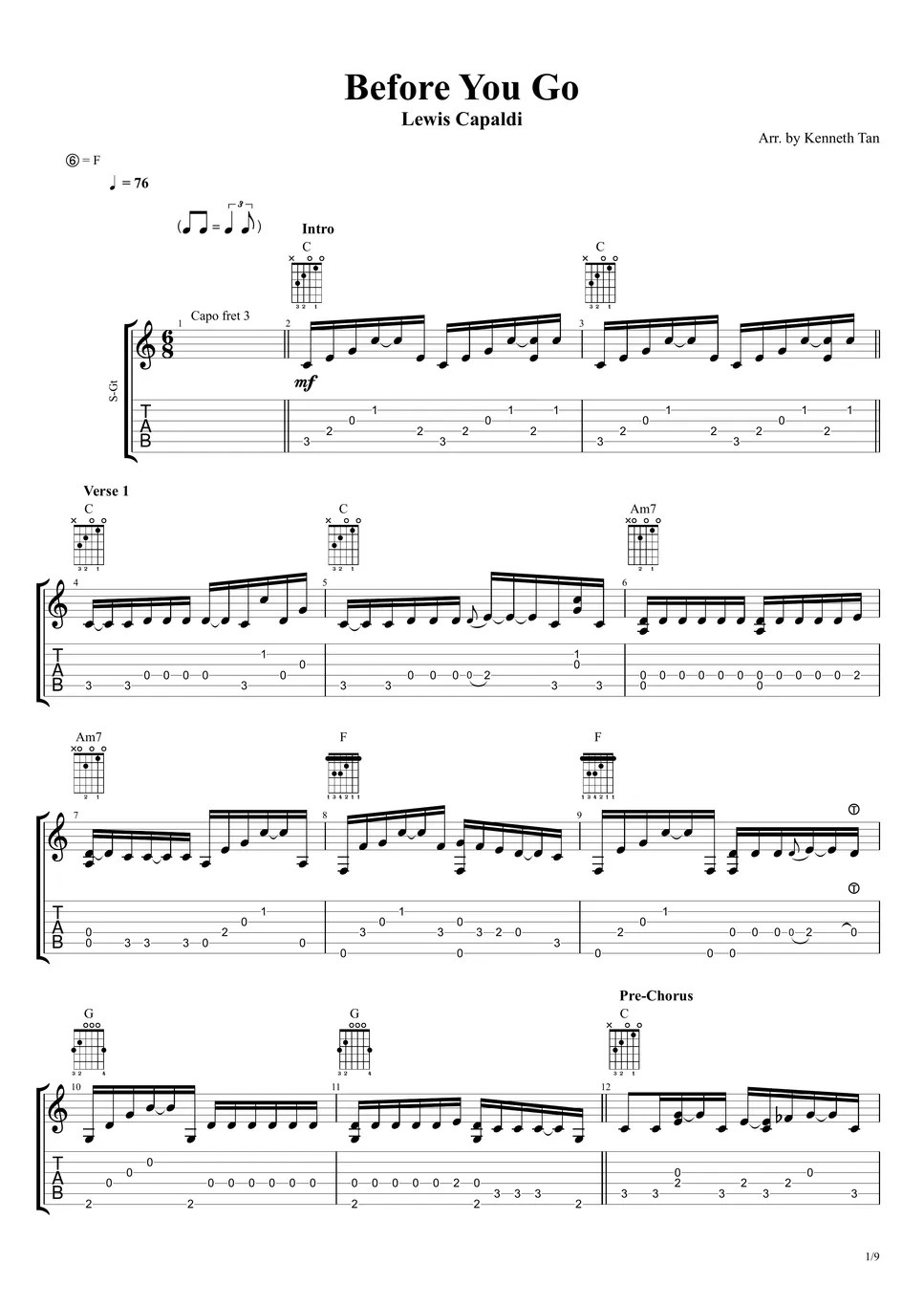 Lewis Capaldi Fingerstyle Guitar Before You Go Notenblatt by