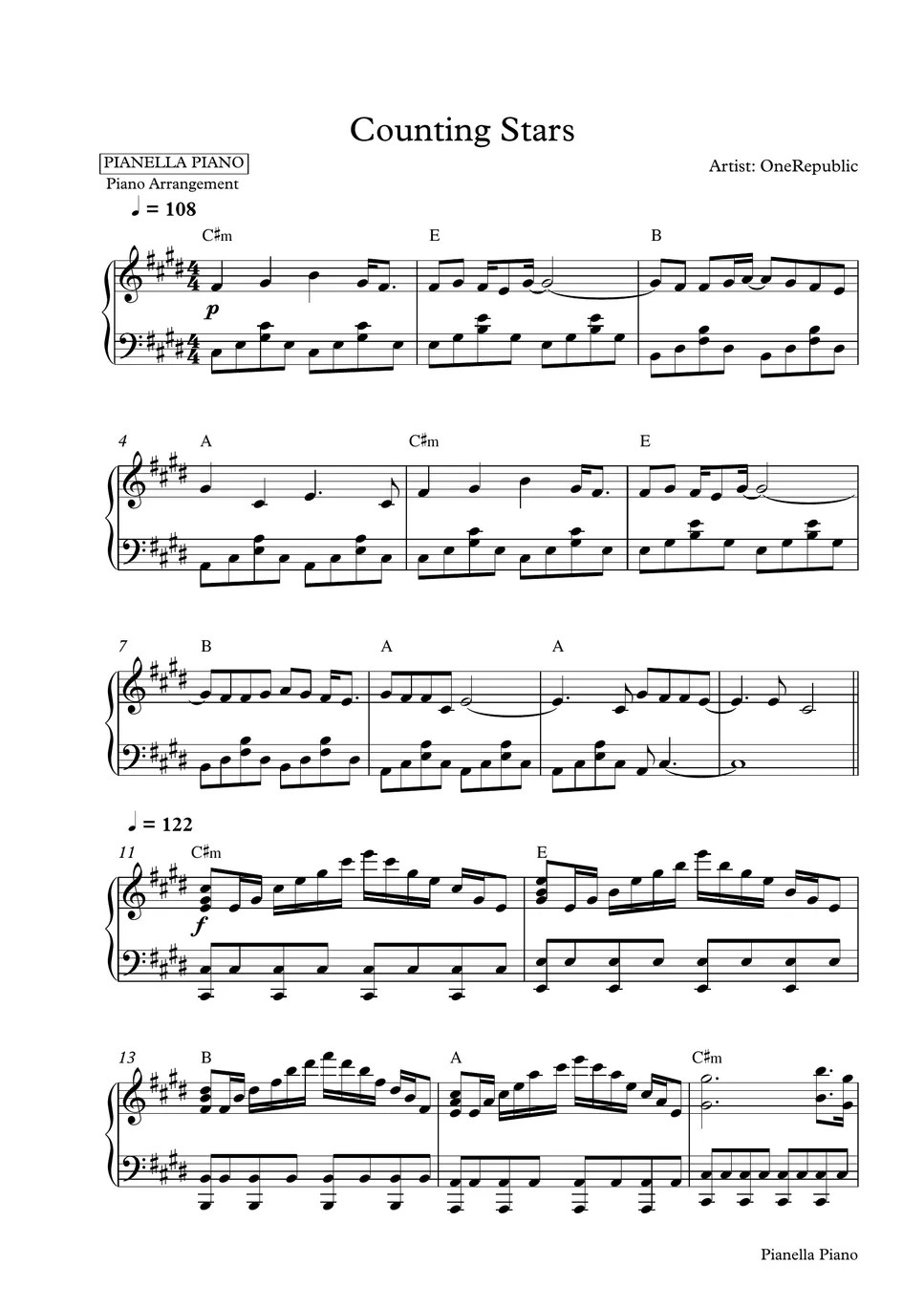 OneRepublic Counting Stars (Piano Sheet) Sheet by Pianella Piano