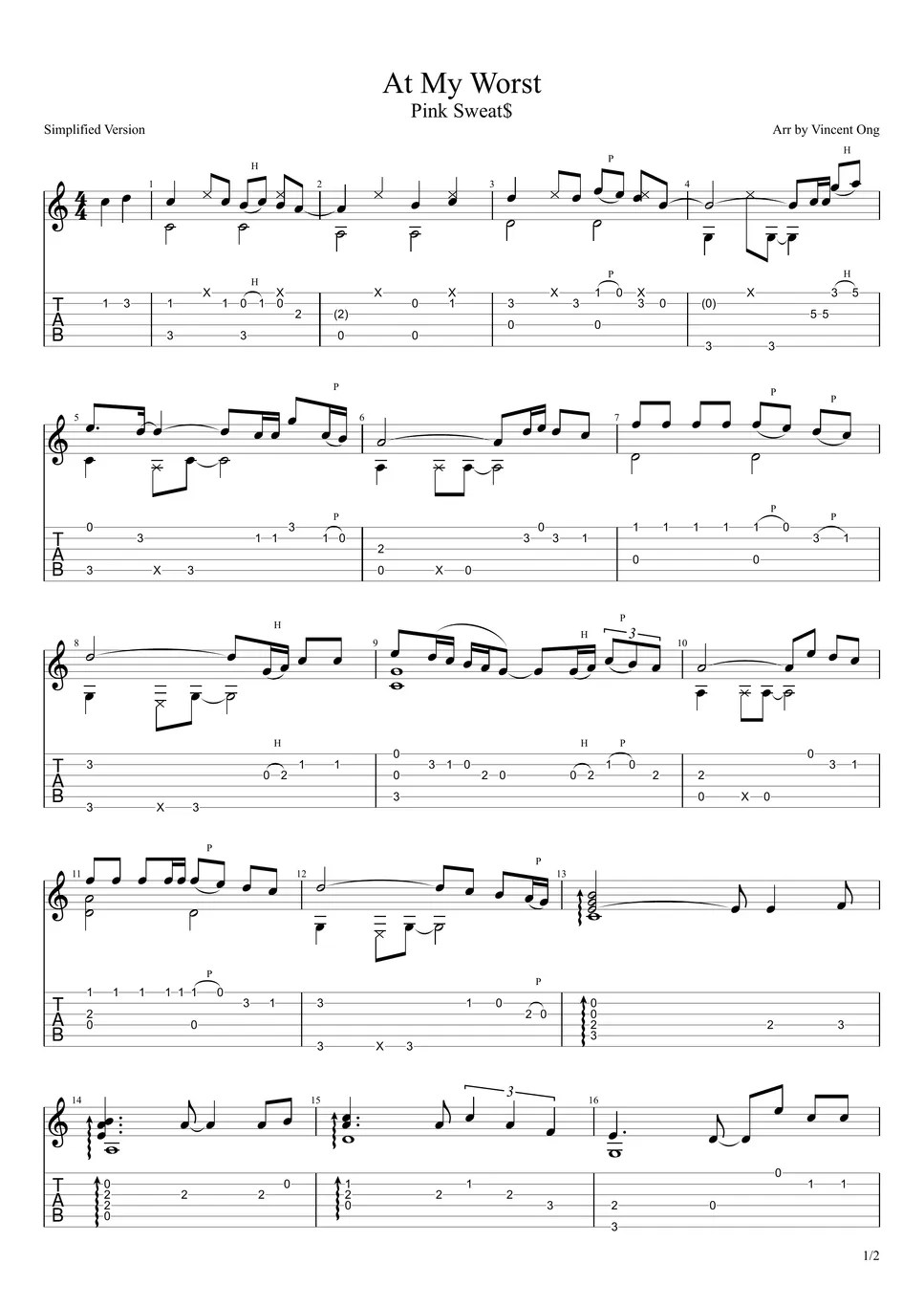 Pink Sweat At My Worst/ Guitar Fingerstyle (Simplified) Tab