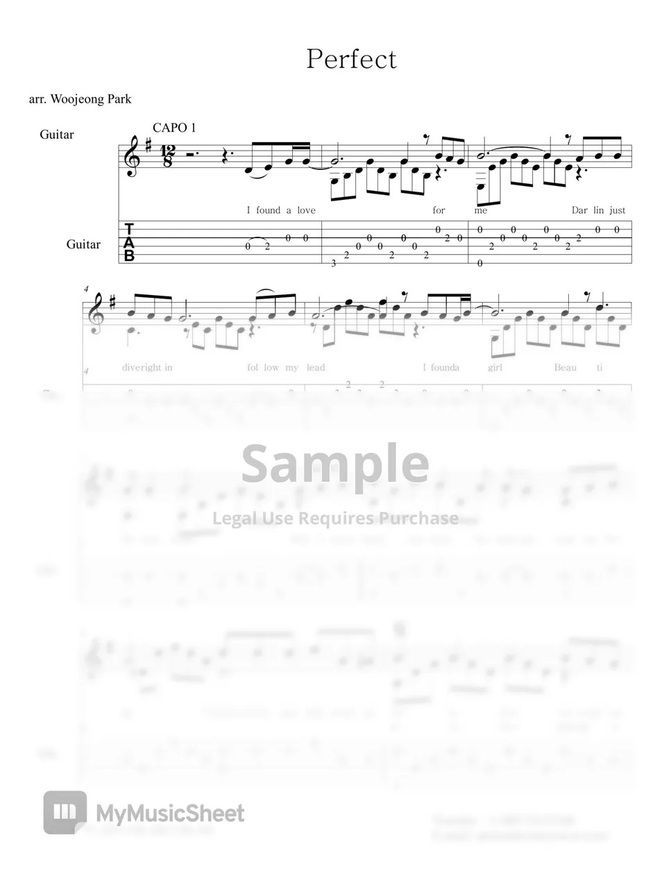 Ed Sheeran Perfect (쉬운 기타 편곡 타브 악보 Guitar TAB) Sheets by Woojeong Park