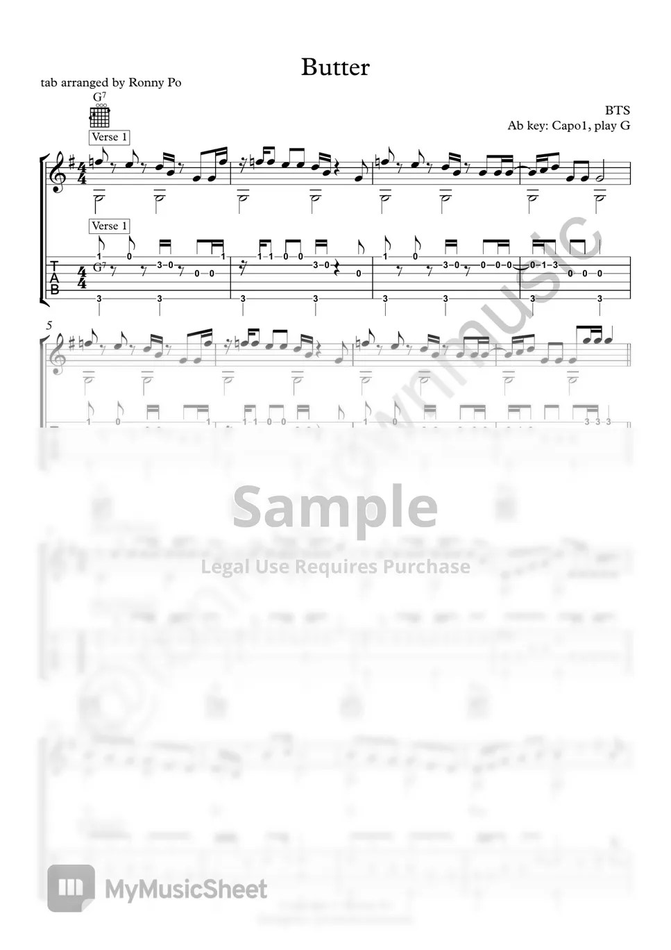BTS Butter (Guitar fingerstyle) Tab + 단선 악보 by Ronny Po