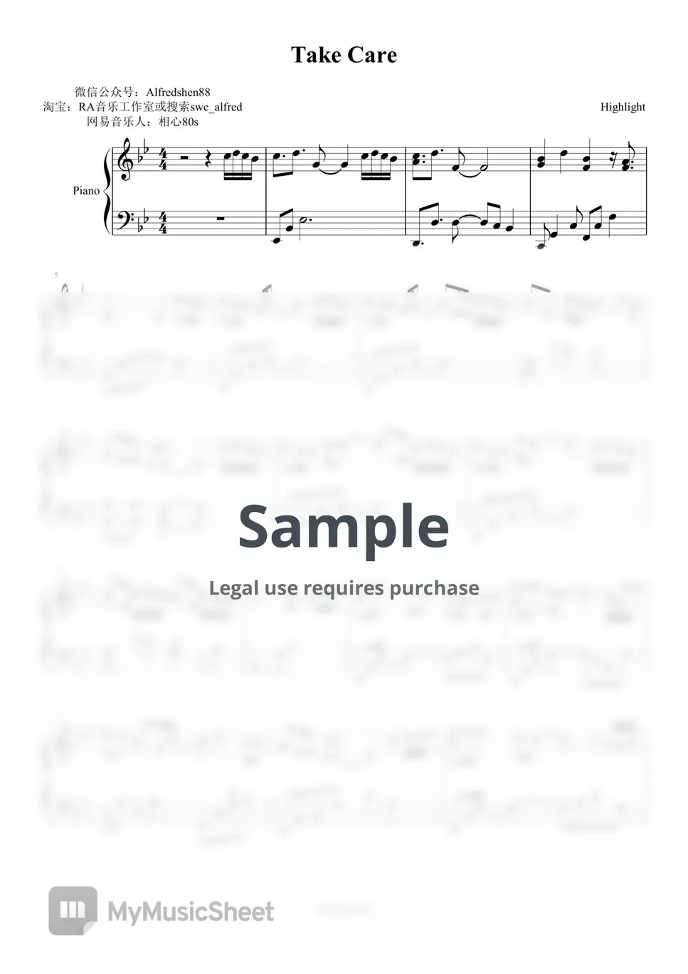 Highlight Take Care (演奏谱) 악보 by 扒啦扒扒扒