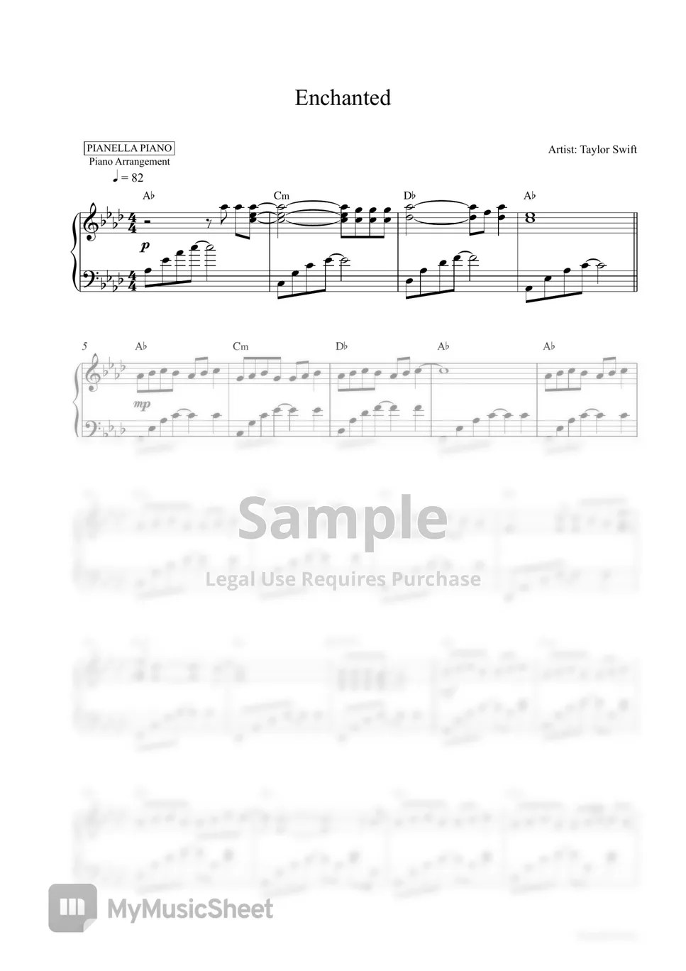 Taylor Swift Enchanted (Piano Sheet) Sheets by Pianella Piano