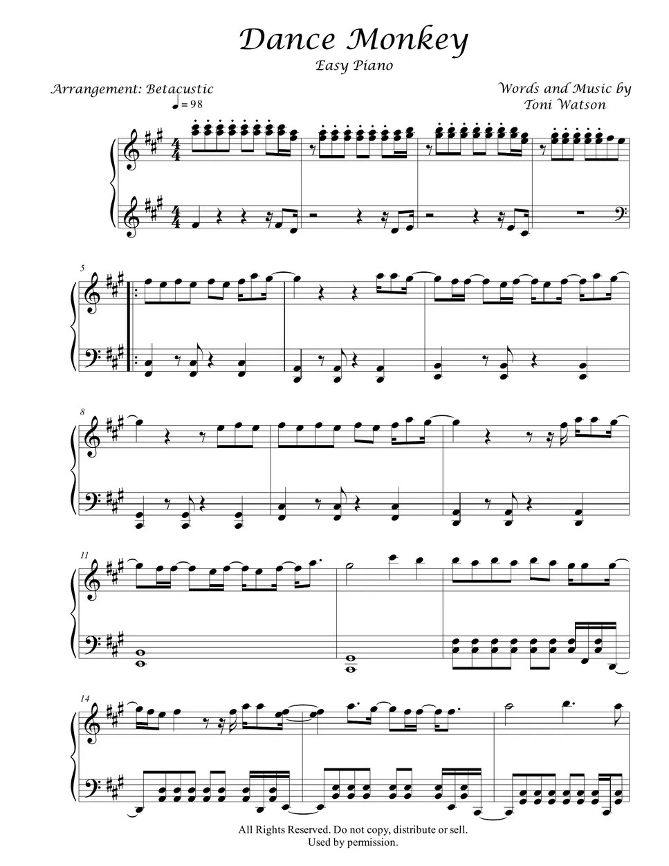 Tony Watson Dance Monkey (Easy Piano) Spartito by Betacustic