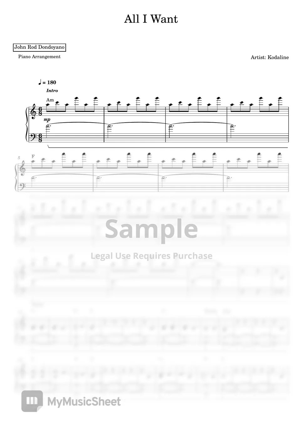 Kodaline All I Want (PIANO SHEET) 악보 by John Rod Dondoyano