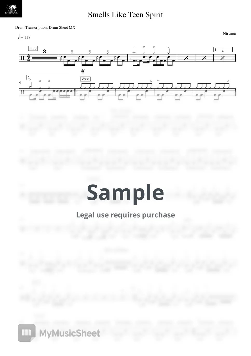 Nirvana Smells Like Teen Spirit Sheets by Drum Transcription Drum
