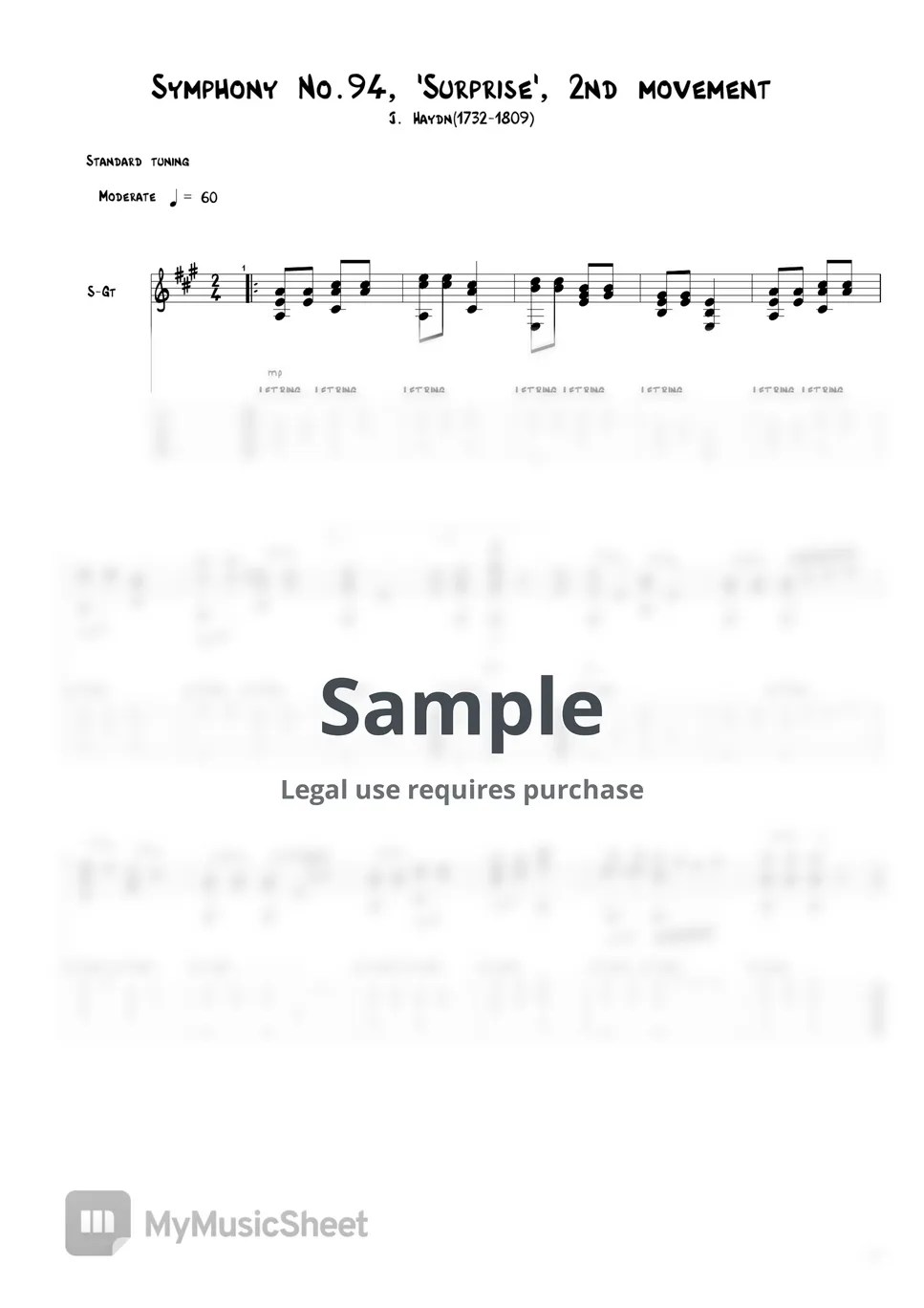 J. Haydn Symphony No.94, 'Surprise', 2nd movement Tab + 1staff by