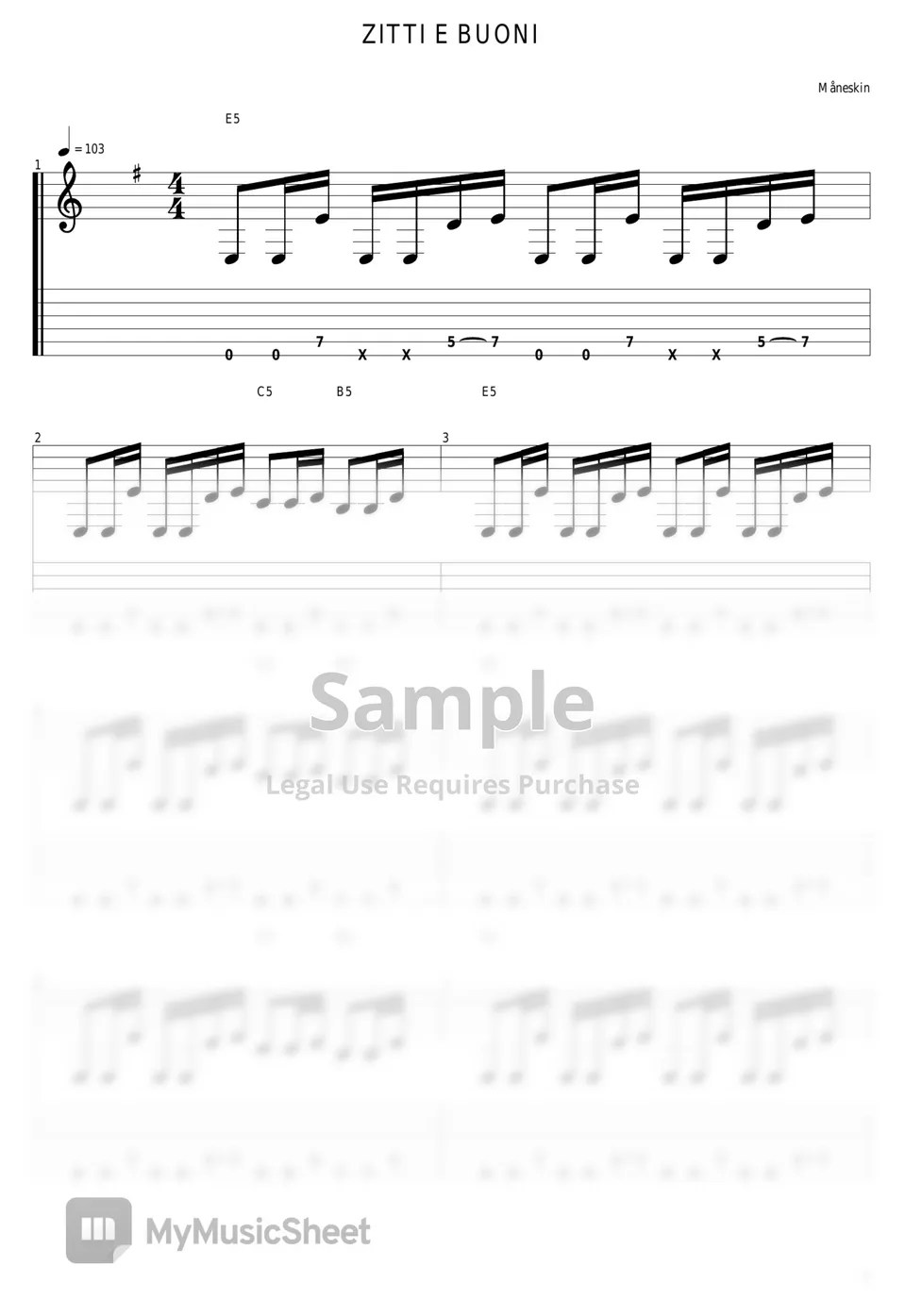 Måneskin ZITTI E BUONI Tab + 1staff by guitar cover with tab