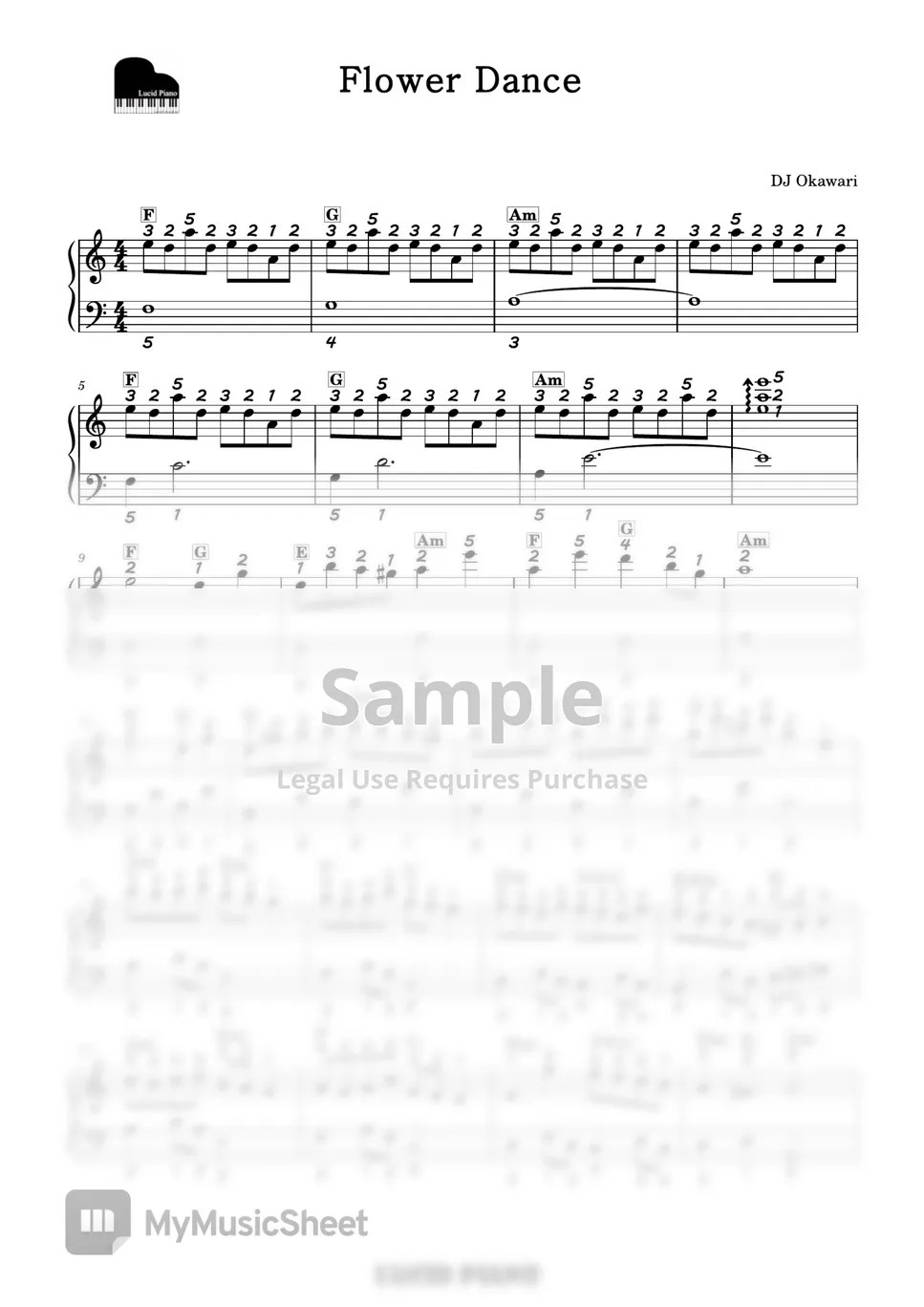 DJ Okawari Flower Dance(플라워 댄스) (손가락 번호, 코드포함 다장조쉬운악보) Spartito by