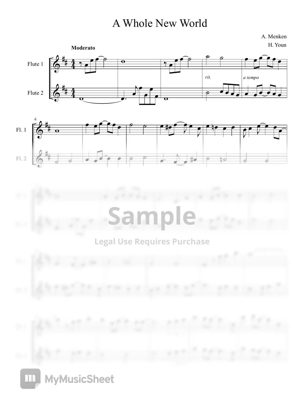 A. Menken A Whole New World (투플룻 편곡(Two Flute) Sheets by 연효정